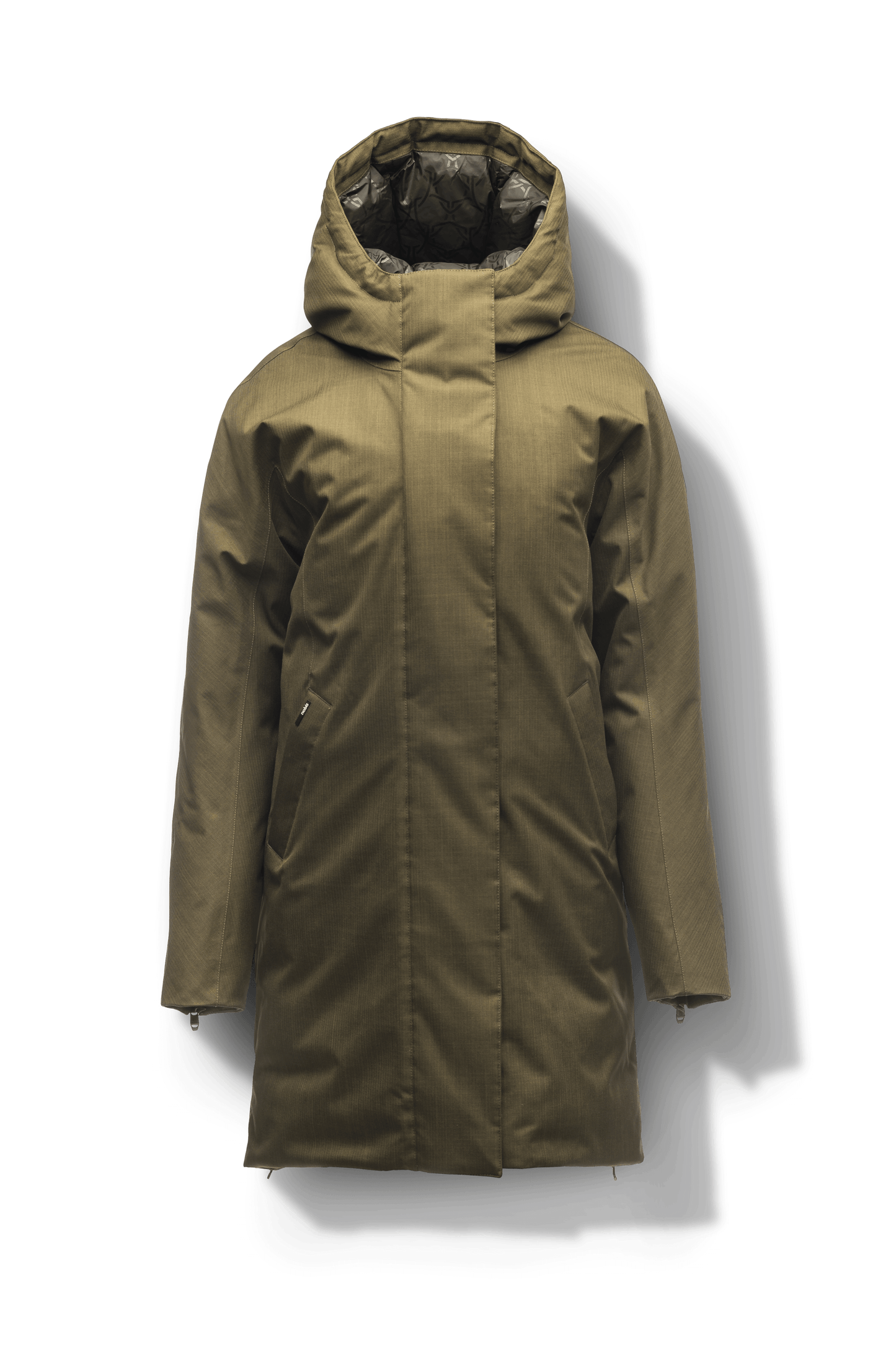 Dory Women's Tailored Back Zip Parka in knee length, premium Crosshatch fabrication, Premium Canadian White Duck Down insulation, non-removable down-filled hood, removable interior hood, centre front two-way zipper with wind flap, vertical zipper detailing along back, in Fatigue