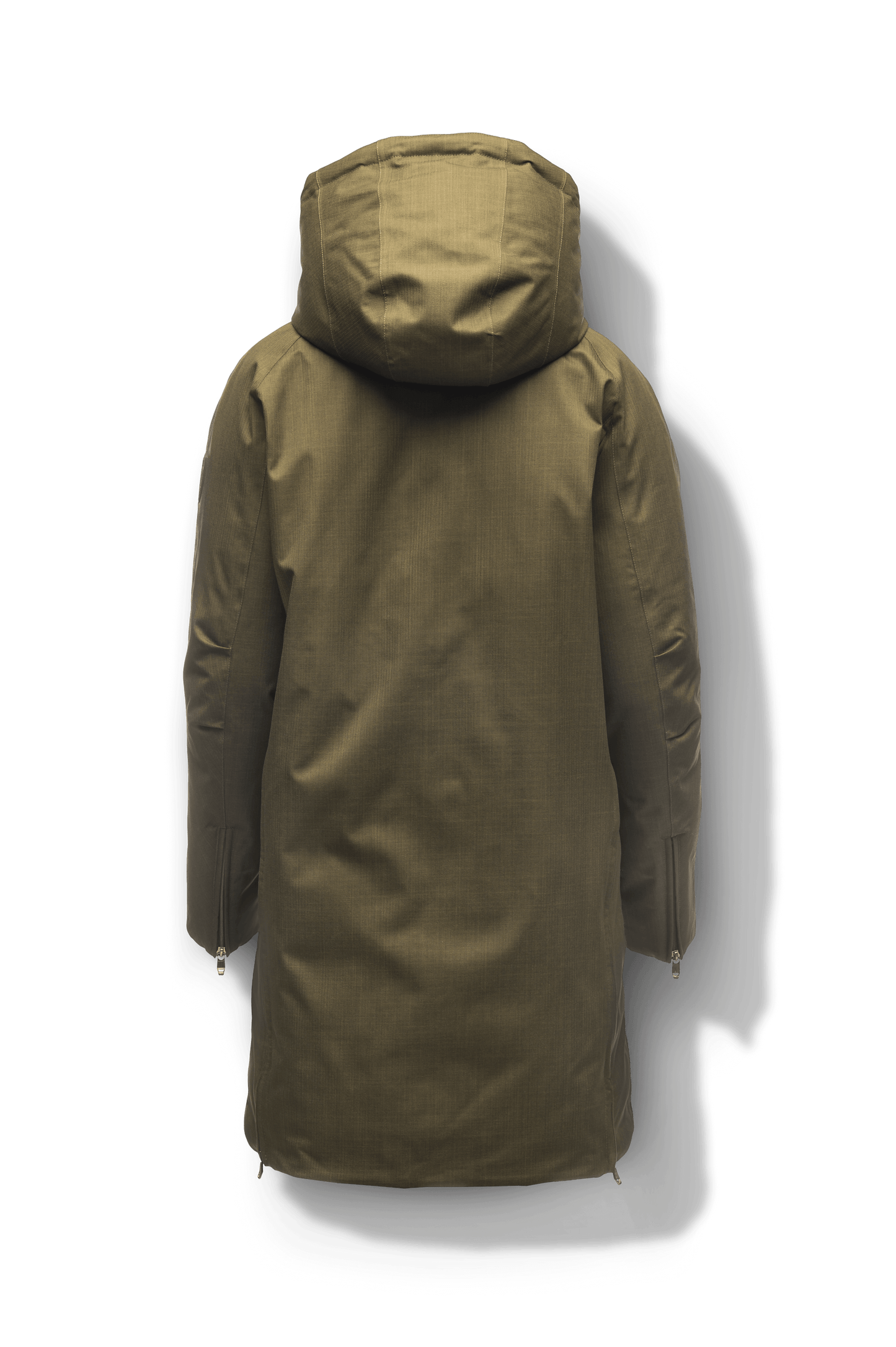 Dory Women's Tailored Back Zip Parka in knee length, premium Crosshatch fabrication, Premium Canadian White Duck Down insulation, non-removable down-filled hood, removable interior hood, centre front two-way zipper with wind flap, vertical zipper detailing along back, in Fatigue