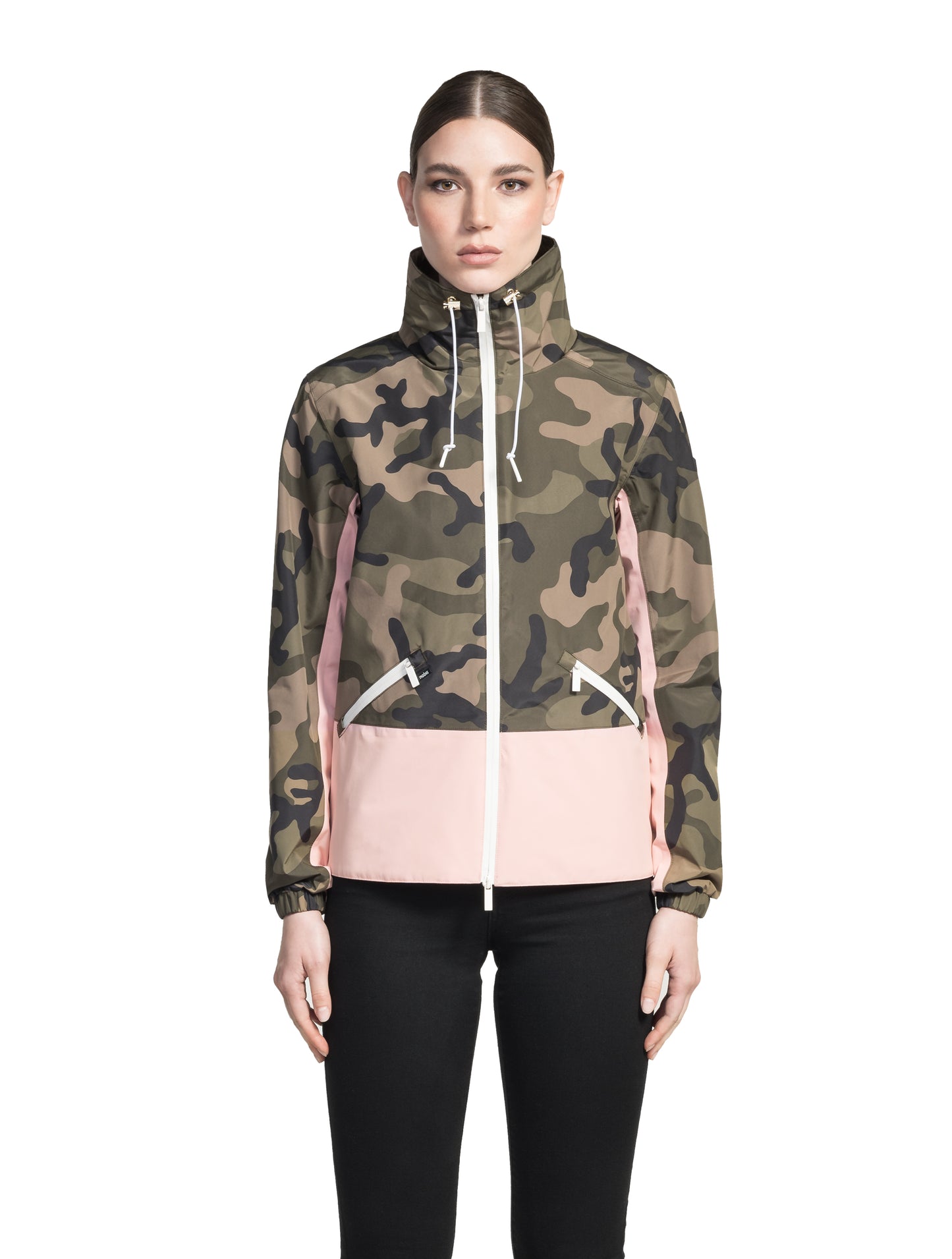 Leah waist length women's jacket in the Camo/Shell Pink