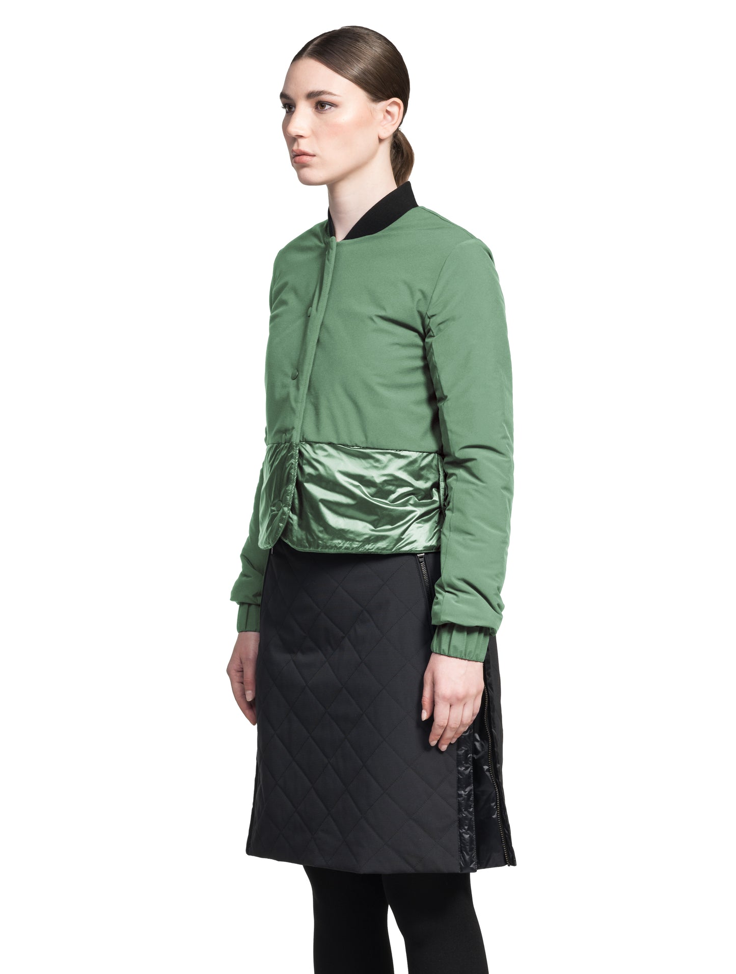 Lexi Women's Reversible Midlayer Jacket in waist length, premium stretch ripstop and contrast cire technical nylon taffeta fabrication, premium 4-way stretch, water resistant Primaloft Gold Insulation Active+, snap button closure at centre front, exterior magnetic closure pockets at sides, elasticized cuff details, and reversible from a quilted or smooth outer shell, in Comfrey