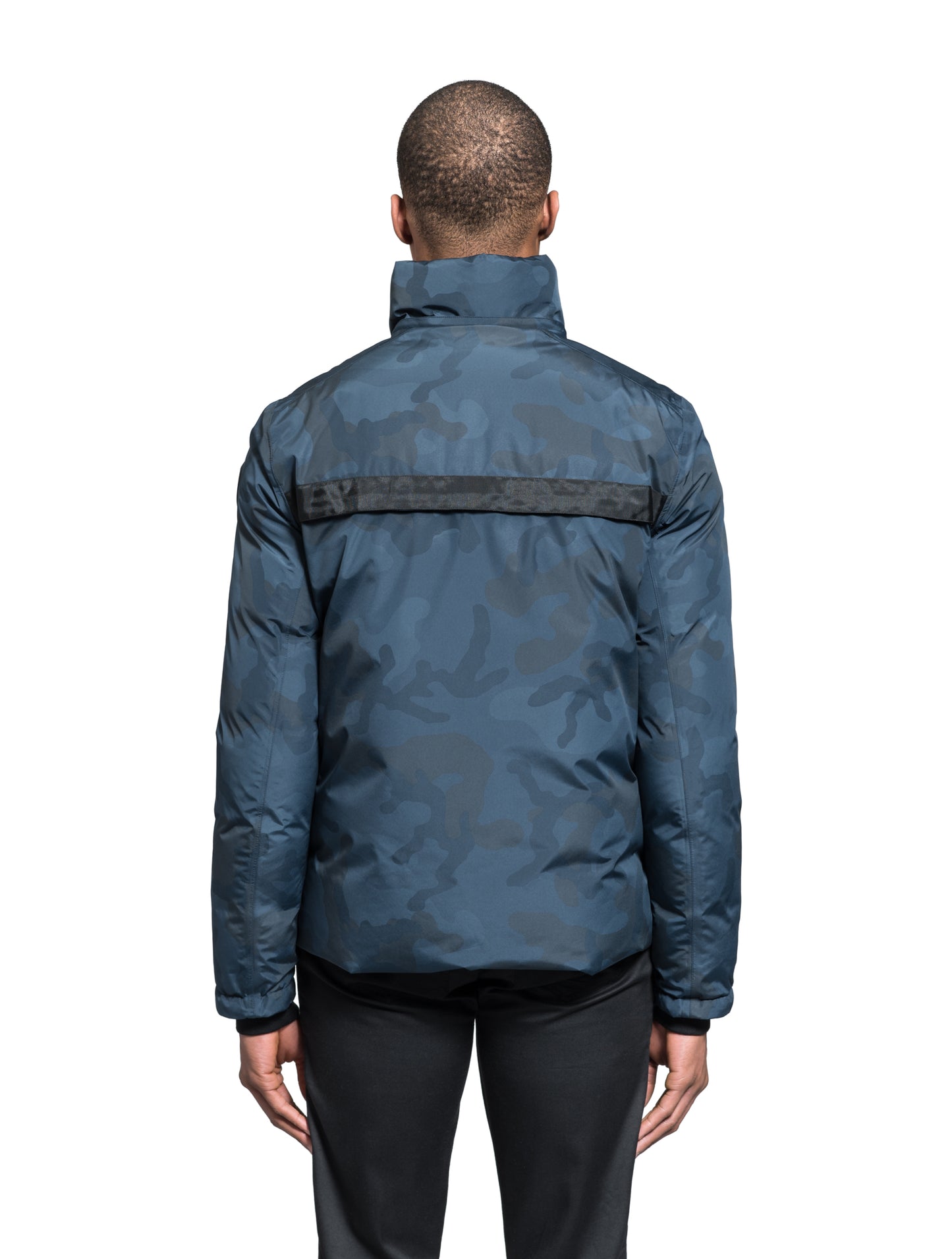 Hip length, reversible men's down filled jacket with removable hood in Navy Camo