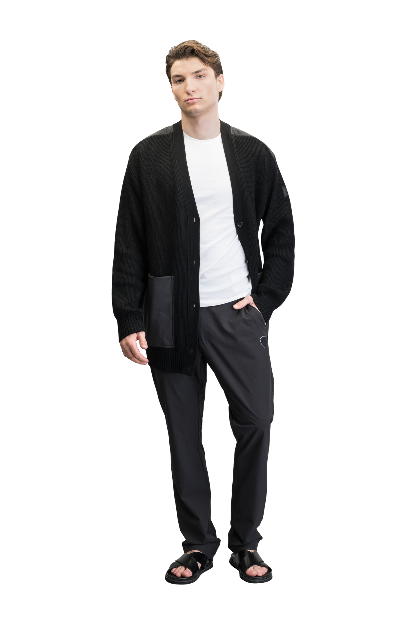 Riga Tailored Button Front Cardigan in thigh length, premium virgin extra fine merino wool knit and stretch ripstop fabrication, Primaloft Gold Insulation Active+, button-front closure, quilted back detailing, front waist pockets, in Black