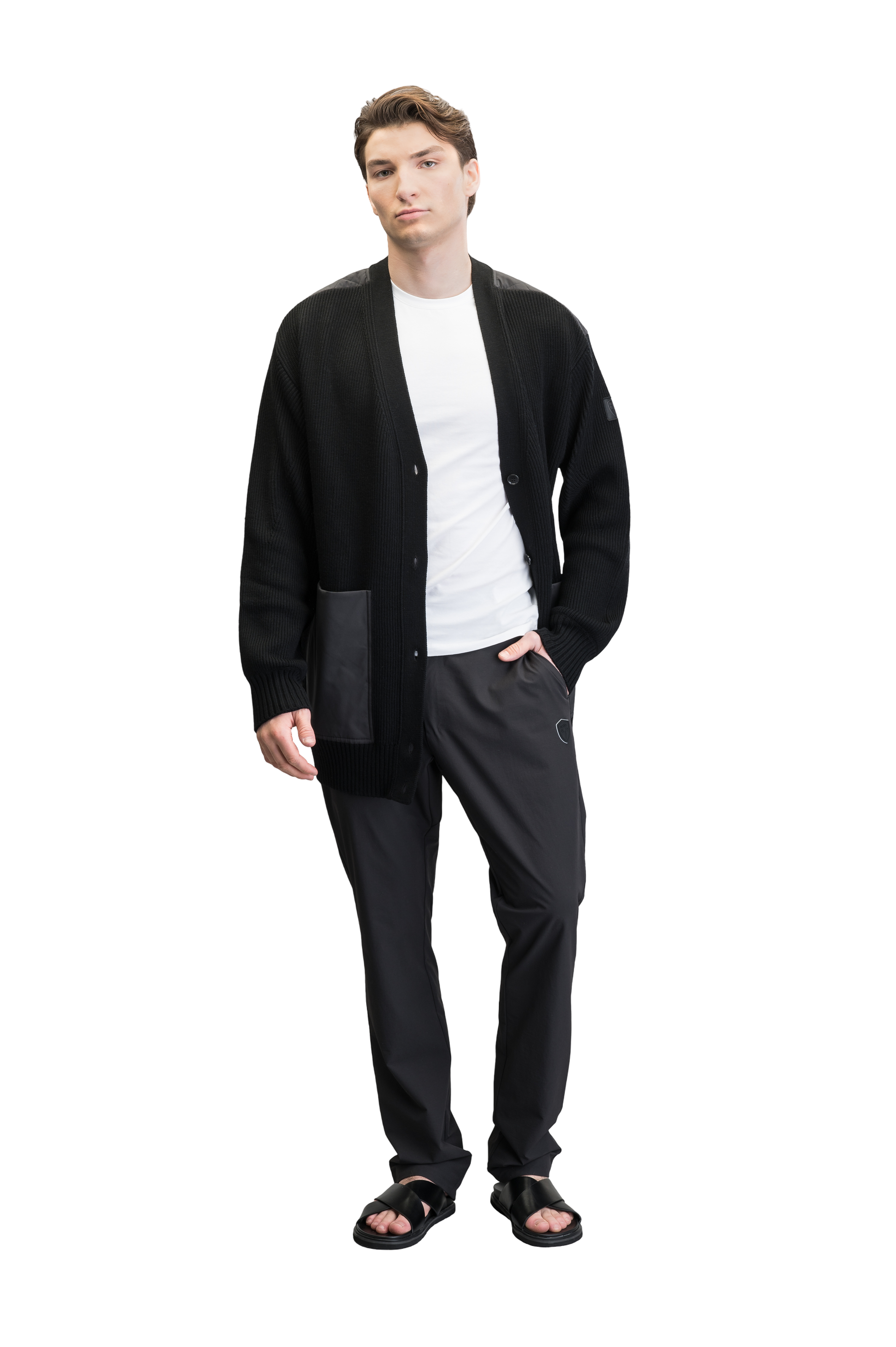 Riga Tailored Button Front Cardigan in thigh length, premium virgin extra fine merino wool knit and stretch ripstop fabrication, Primaloft Gold Insulation Active+, button-front closure, quilted back detailing, front waist pockets, in Black