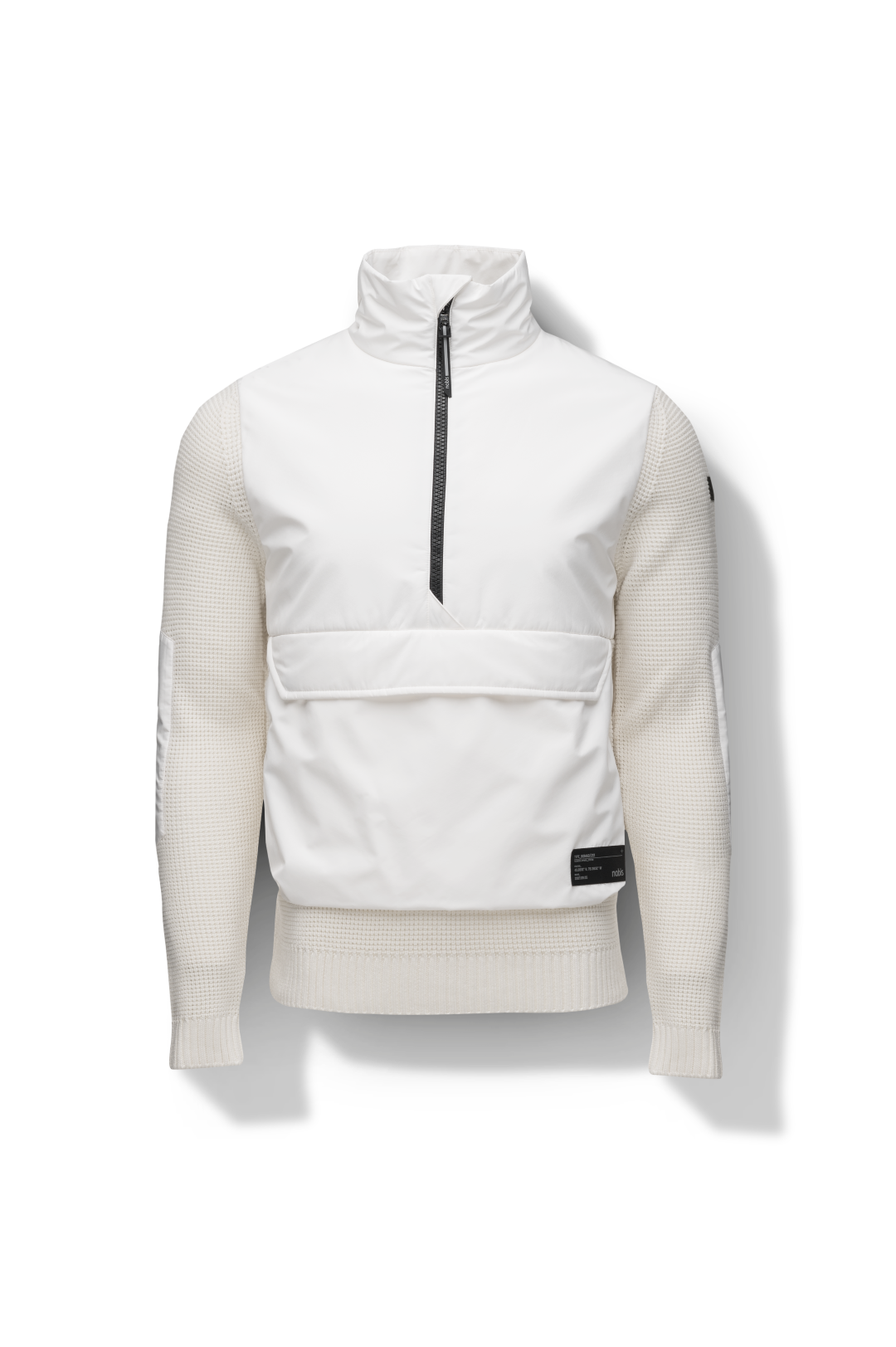 Wai Men's Performance Half Zip Sweater in hip length, 3-Ply Micro Denier and Merino wool knit fabrication, Primaloft Gold Insulation Active+, centre front zipper, flap kangaroo pocket with magnetic closure, and hidden side-entry zipper pockets at waist, in Chalk