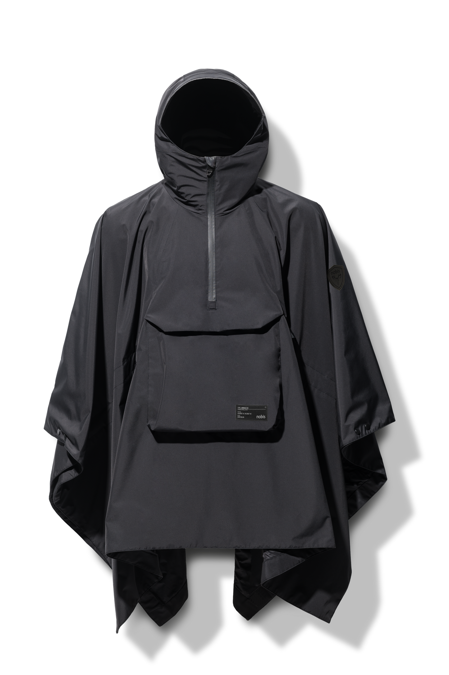 Hydra Unisex Performance Poncho in thigh length, non-removable hood, vertical half-zipper along centre front collar, hidden side-entry waist zipper pockets, adjustable webbing straps and snap closure cuffs, and packable to front kangaroo pocket with flap opening, in Black