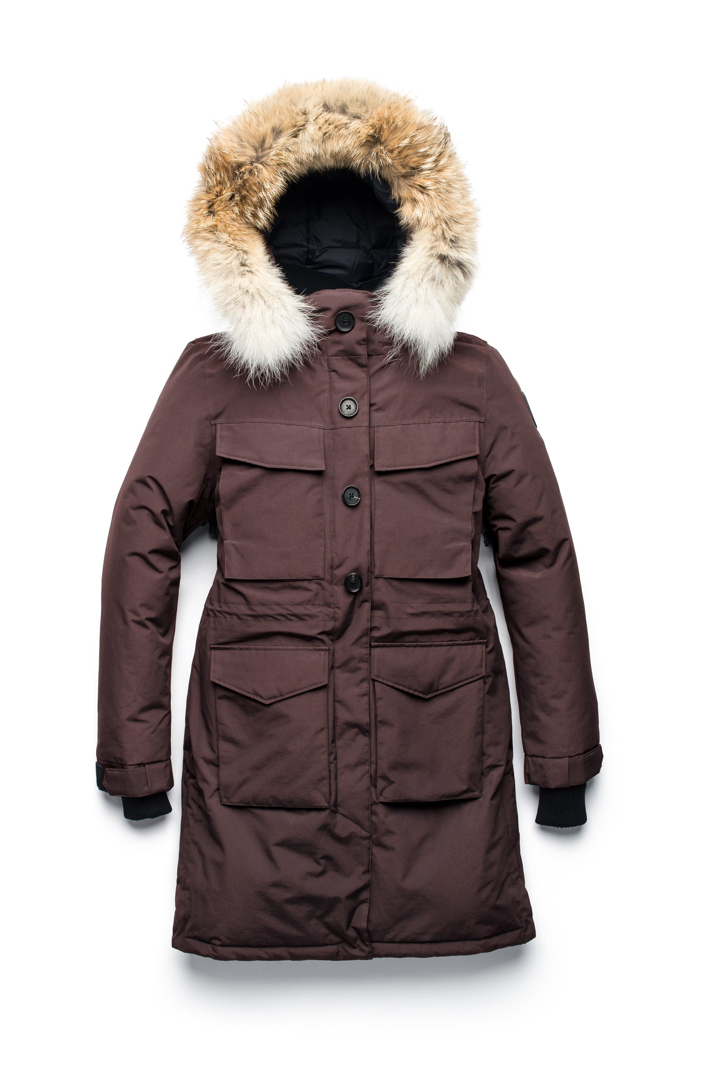 Women's knee length down filled parka with two chest patch pockets and two waist patch pockets in Burgundy