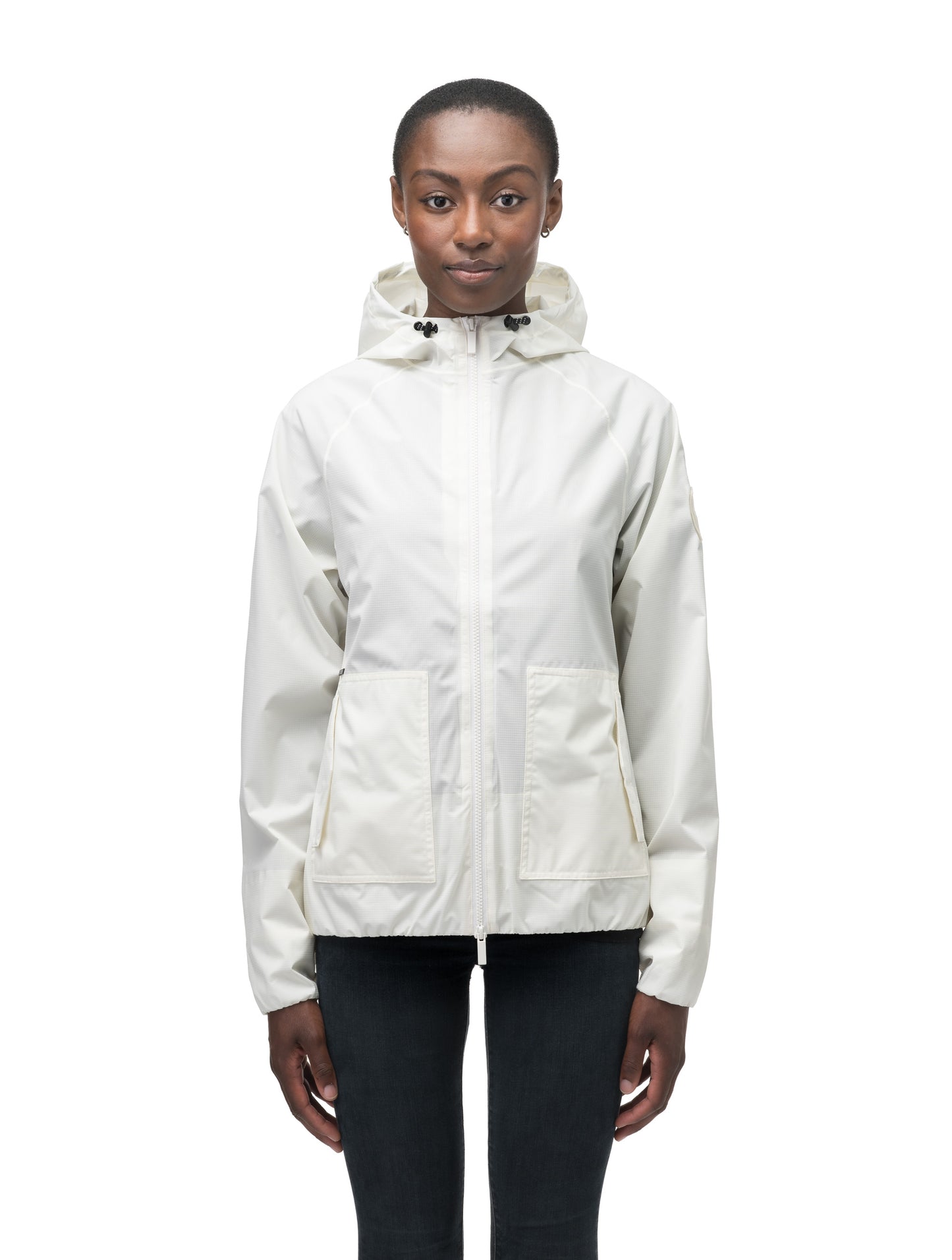 Women's hip length waterproof jacket with non-removable hood and two-way zipper in Chalk