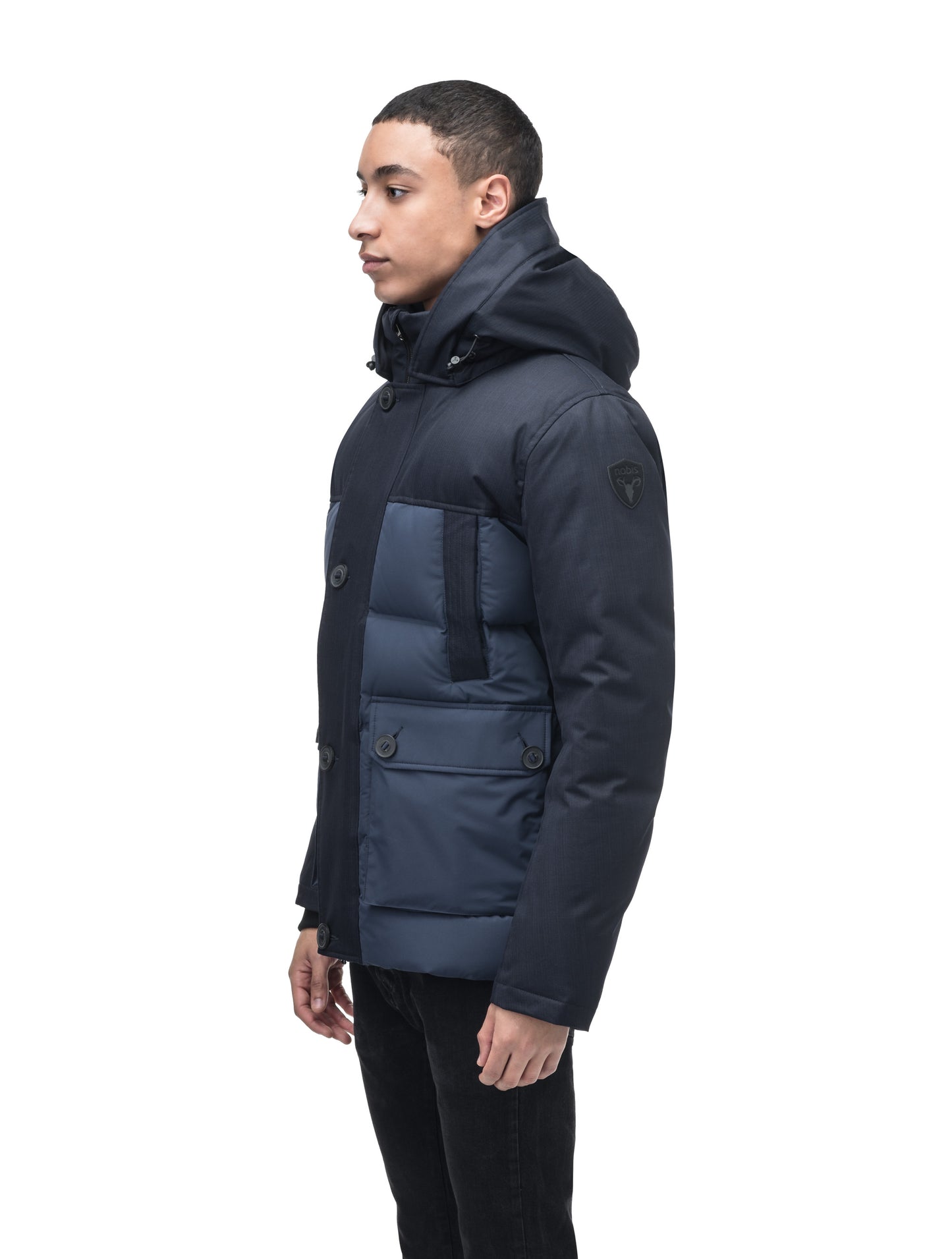 Cardinal Men's Puffer Parka in hip length, Canadian duck down insulation, removable hood, quilted body, and two-way front zipper, in Navy