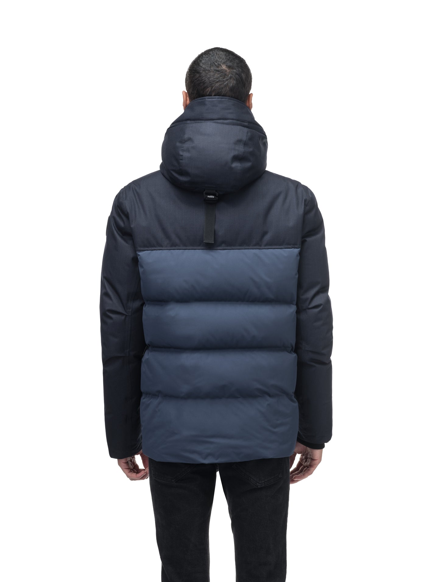 Cardinal Men's Puffer Parka in hip length, Canadian duck down insulation, removable hood, quilted body, and two-way front zipper, in Navy