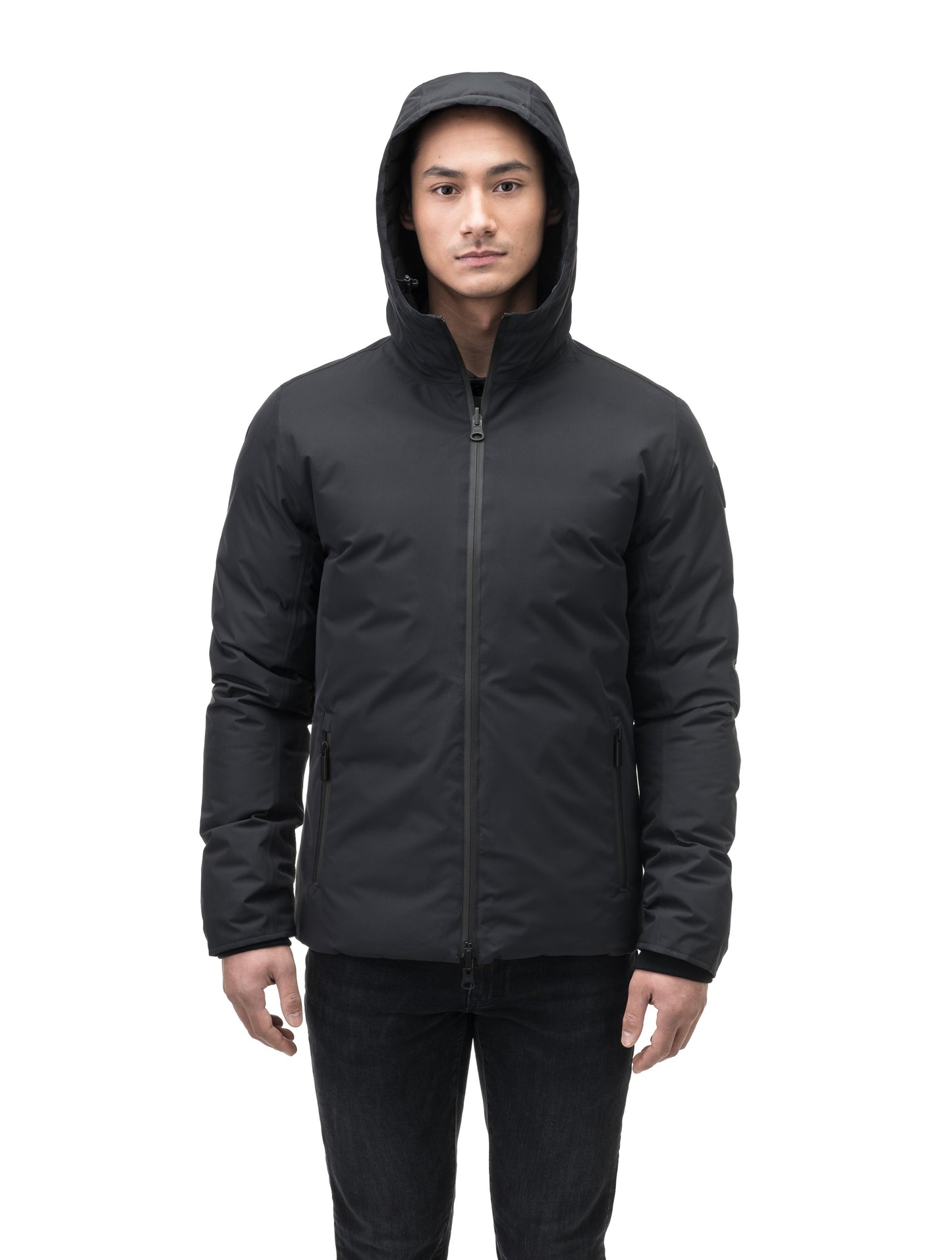 Chris Men's Mid Weight Reversible Puffer Jacket in hip length, Canadian duck down insulation, non-removable adjustable hood, ribbed cuffs, and quilted body on reversible side, in Black