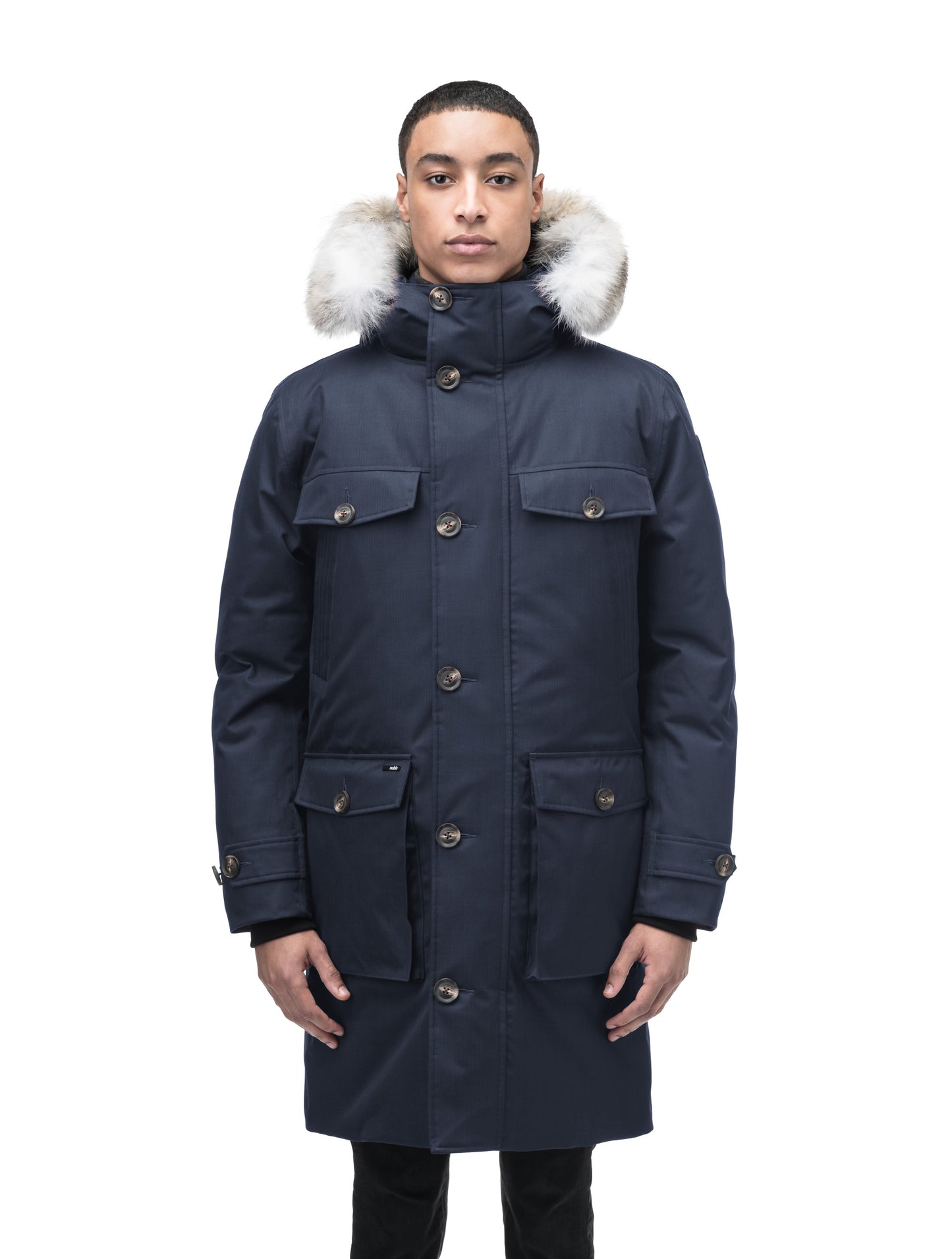 Citizen Men's Tailored Parka in knee length, Canadian duck down insulation, non-removable hood, and two-way zipper, in Navy