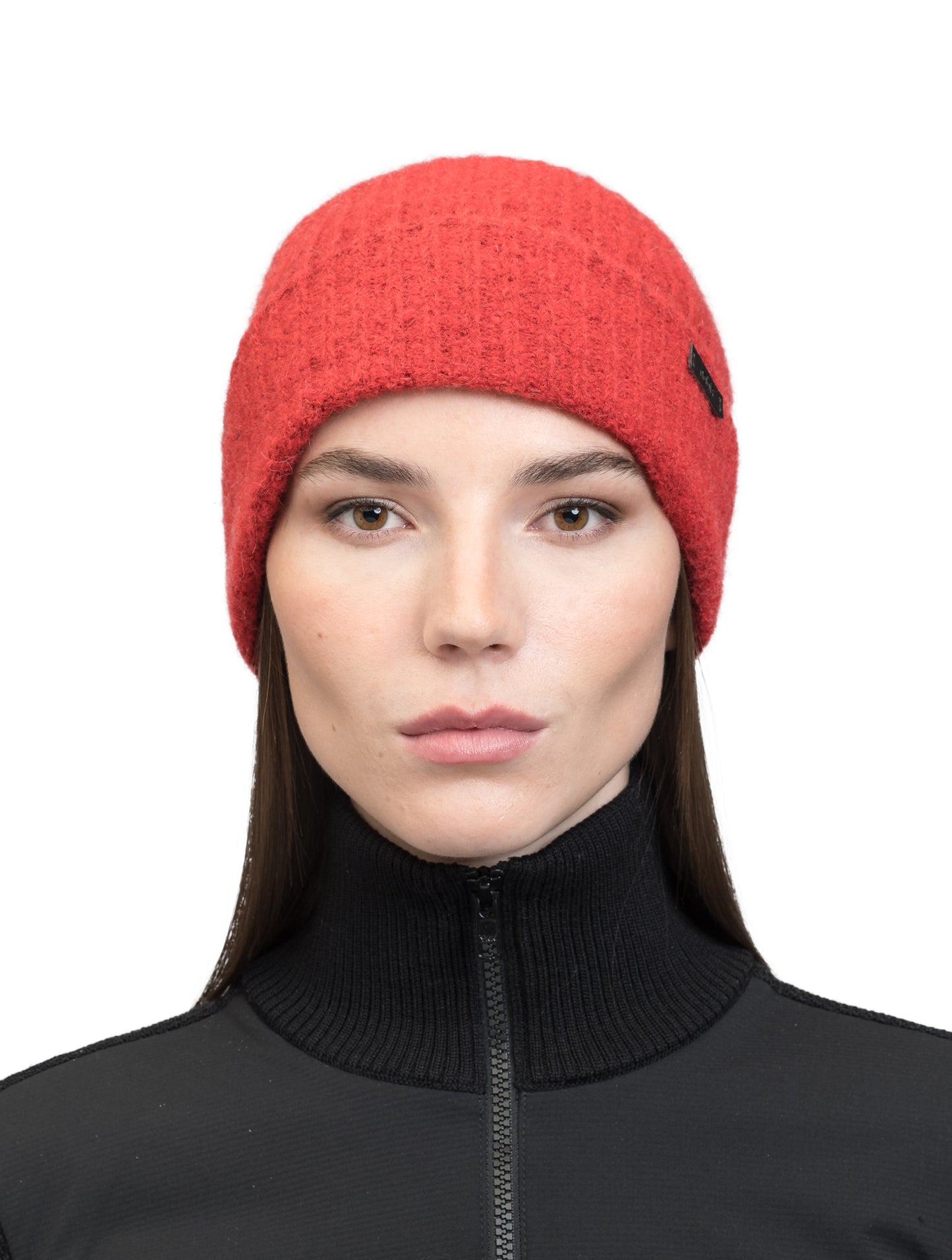 Dain Unisex Knit Watch Cap in superfine alpaca and merino wool, contrast colour knit along cuff, and Nobis embossed leather label at the cuff, in Vermillion