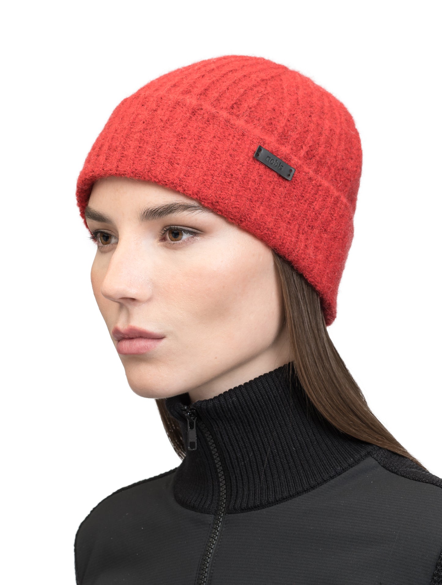 Dain Unisex Knit Watch Cap in superfine alpaca and merino wool, contrast colour knit along cuff, and Nobis embossed leather label at the cuff, in Vermillion