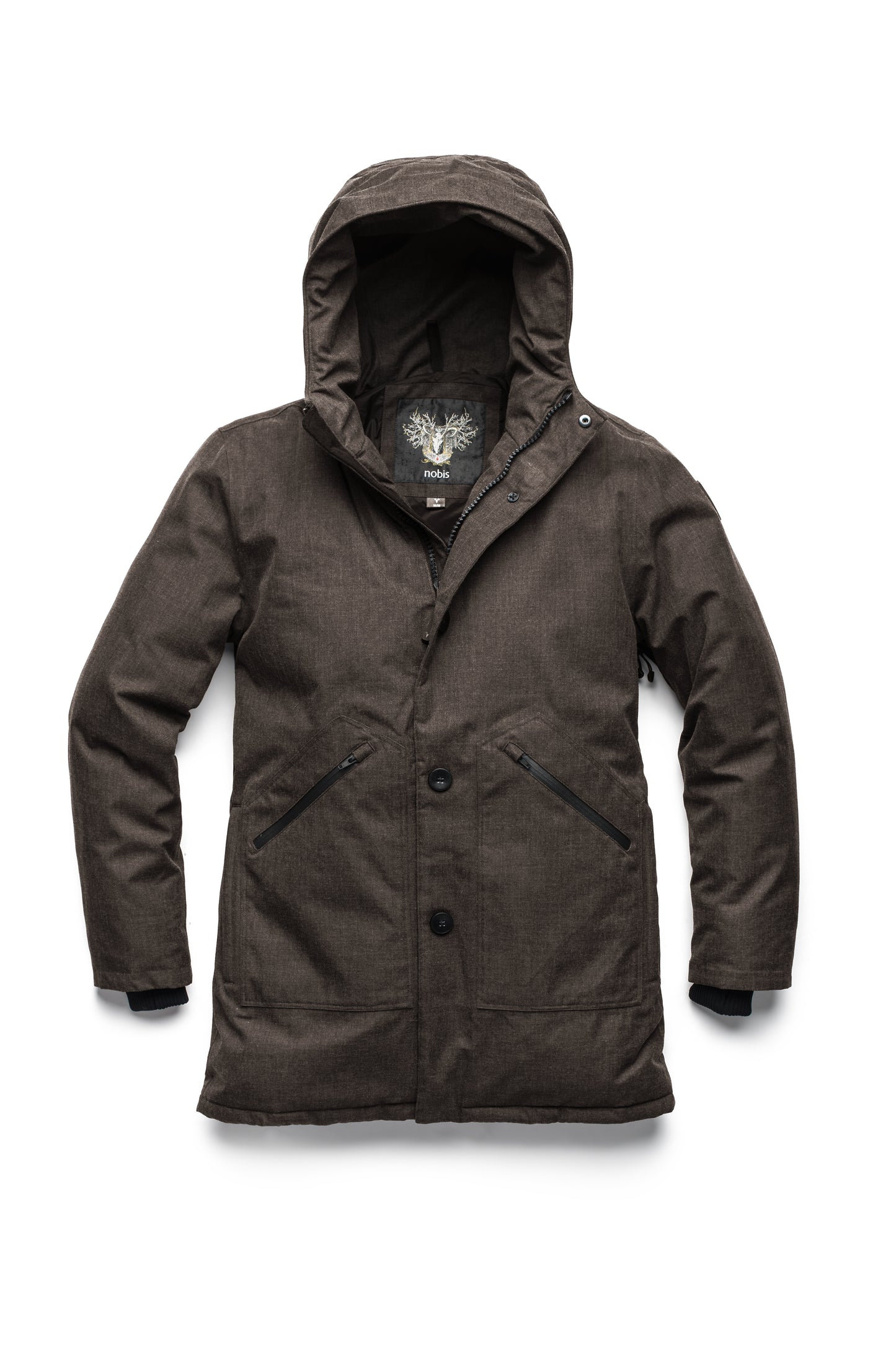 Men's fur free hooded parka with zipper and button closure placket featuring two oversized front pockets in H. Brown