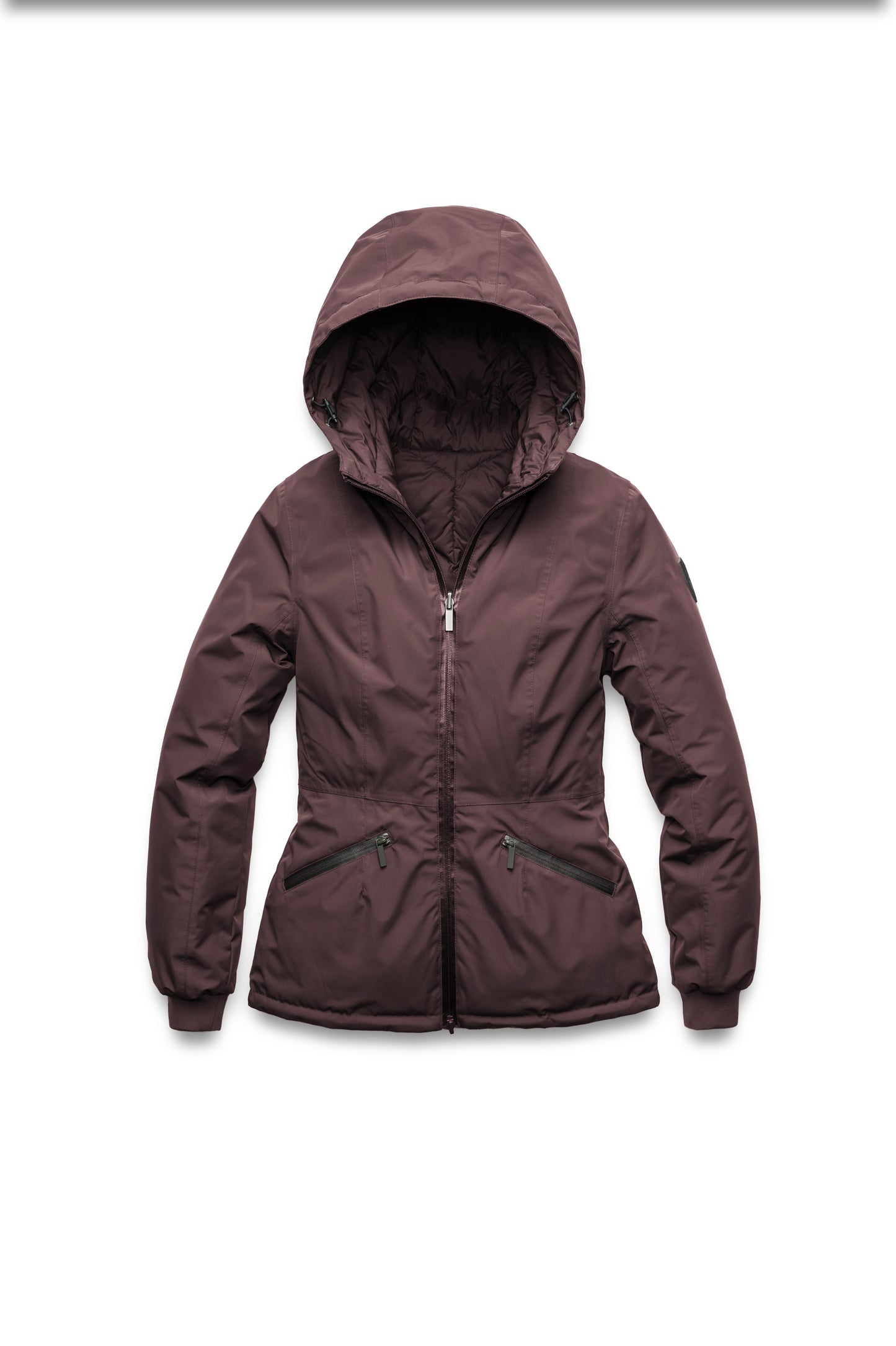 A women's two in one reversible hip length down jacket, one side is quilted and one side is solid waterproof fabric in Burgundy