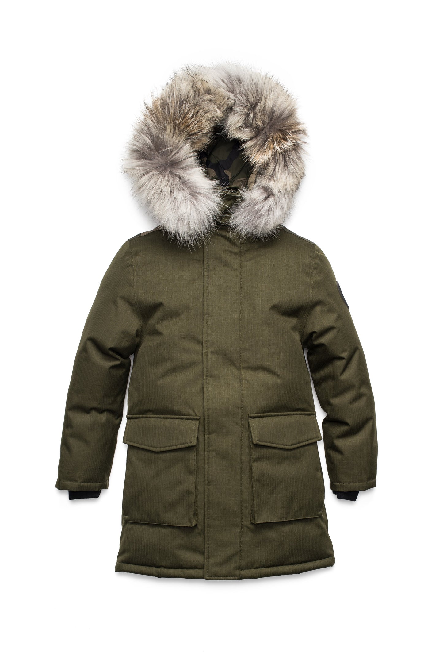 Kids' thigh length down-filled parka with non-removable hood and removable coyote fur trim in Fatigue