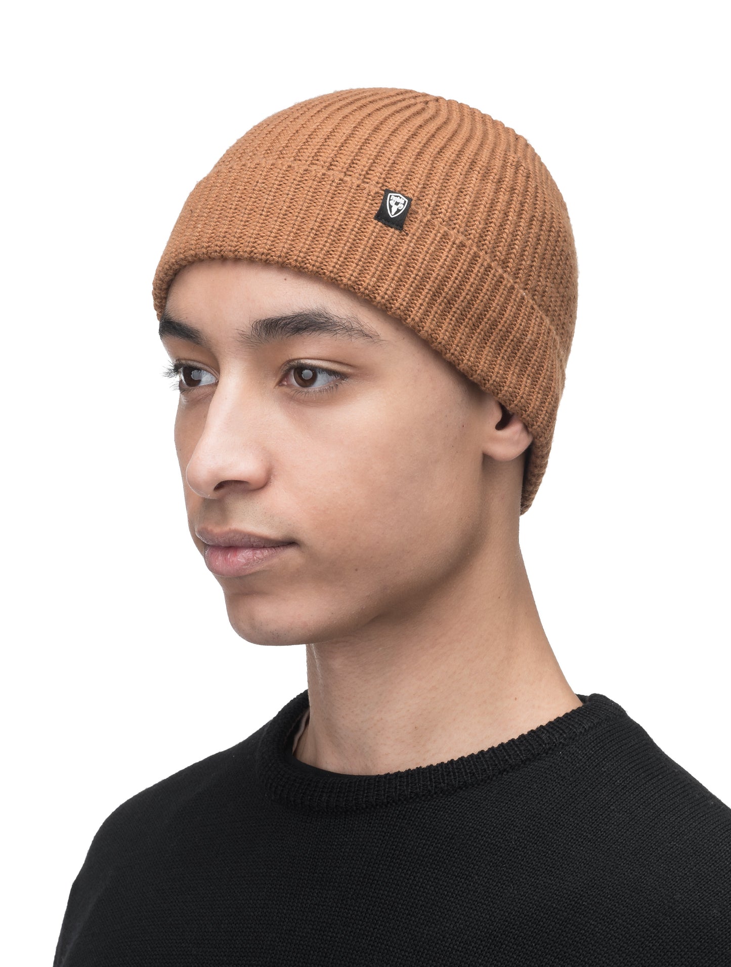 Elain Unisex Knit Toque in ribbed fabric, and Nobis label on cuff, in Cognac