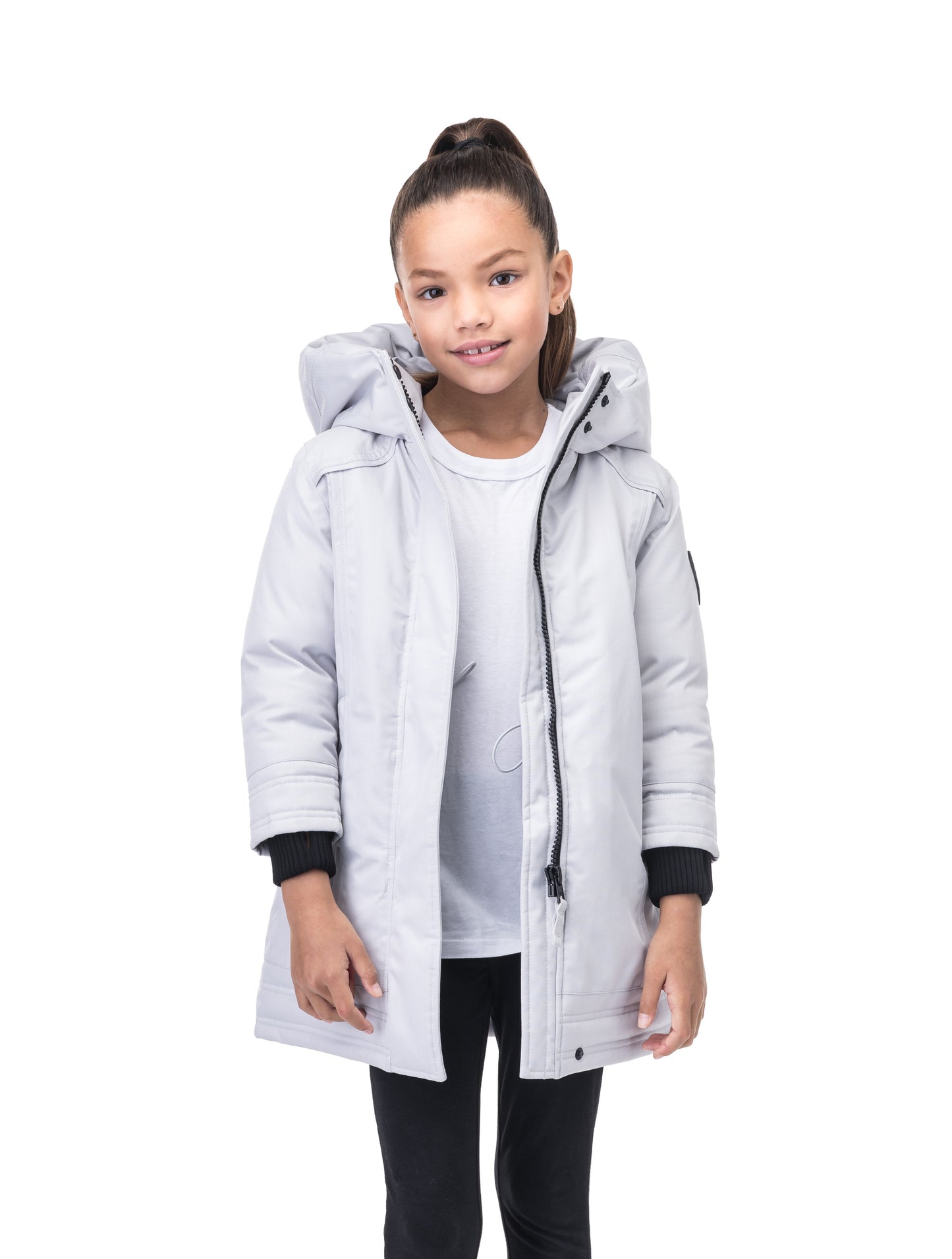 Kid's knee length down coat with fur free hood in Light Grey