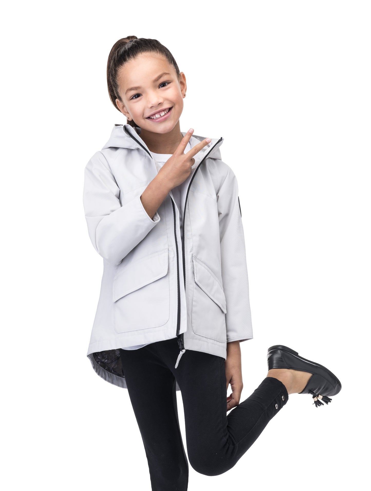 Kid's hip length fishtail rain jacket with hood in Light Grey