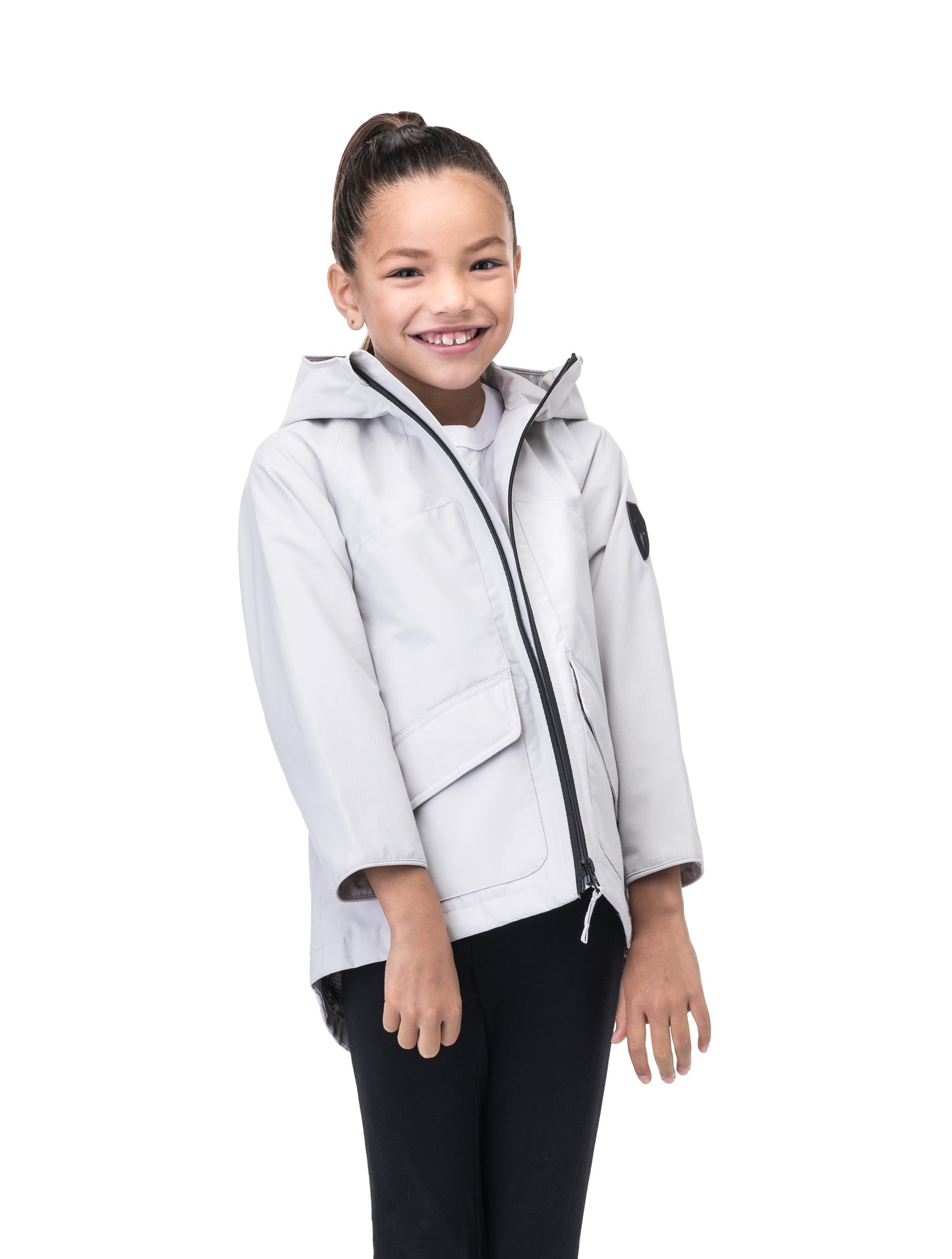 Kid's hip length fishtail rain jacket with hood in Light Grey