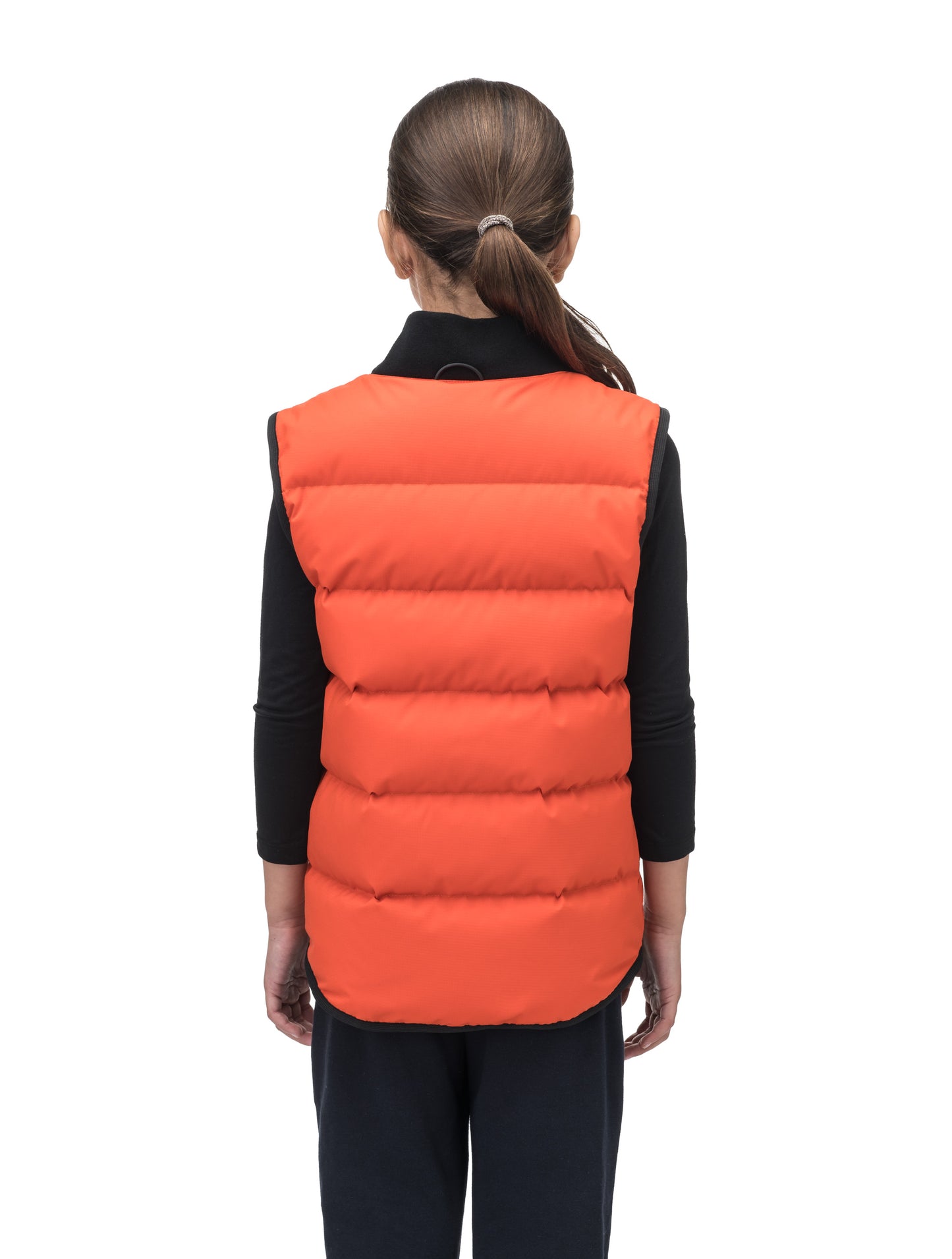 Little Pluto Kids Mid Layer Vest in hip length, Canadian duck down insulation, ribbed collar, two-way front zipper, and quilted body, in Terracotta