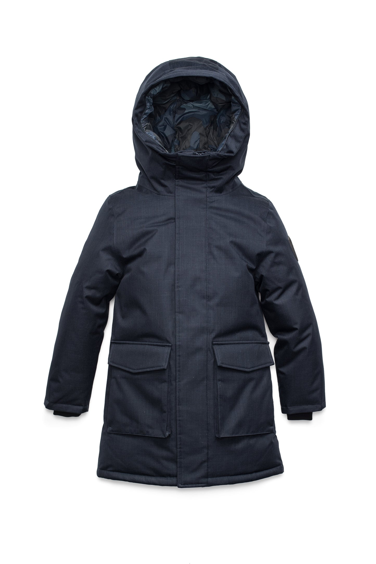 Kids' thigh length down-filled parka with non-removable hood and removable coyote fur trim in Navy