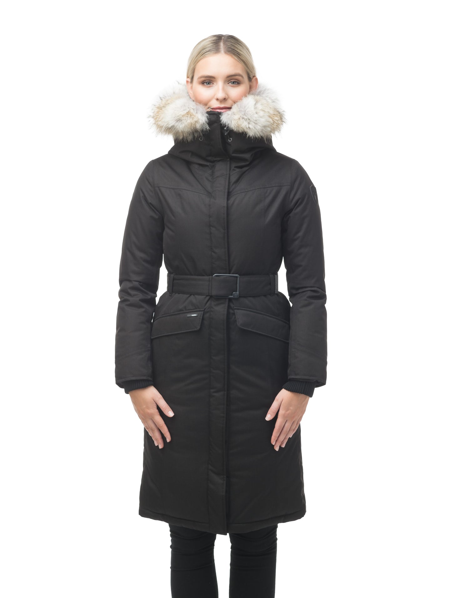 Women's maxi down filled parka with calf length hem in CH Black