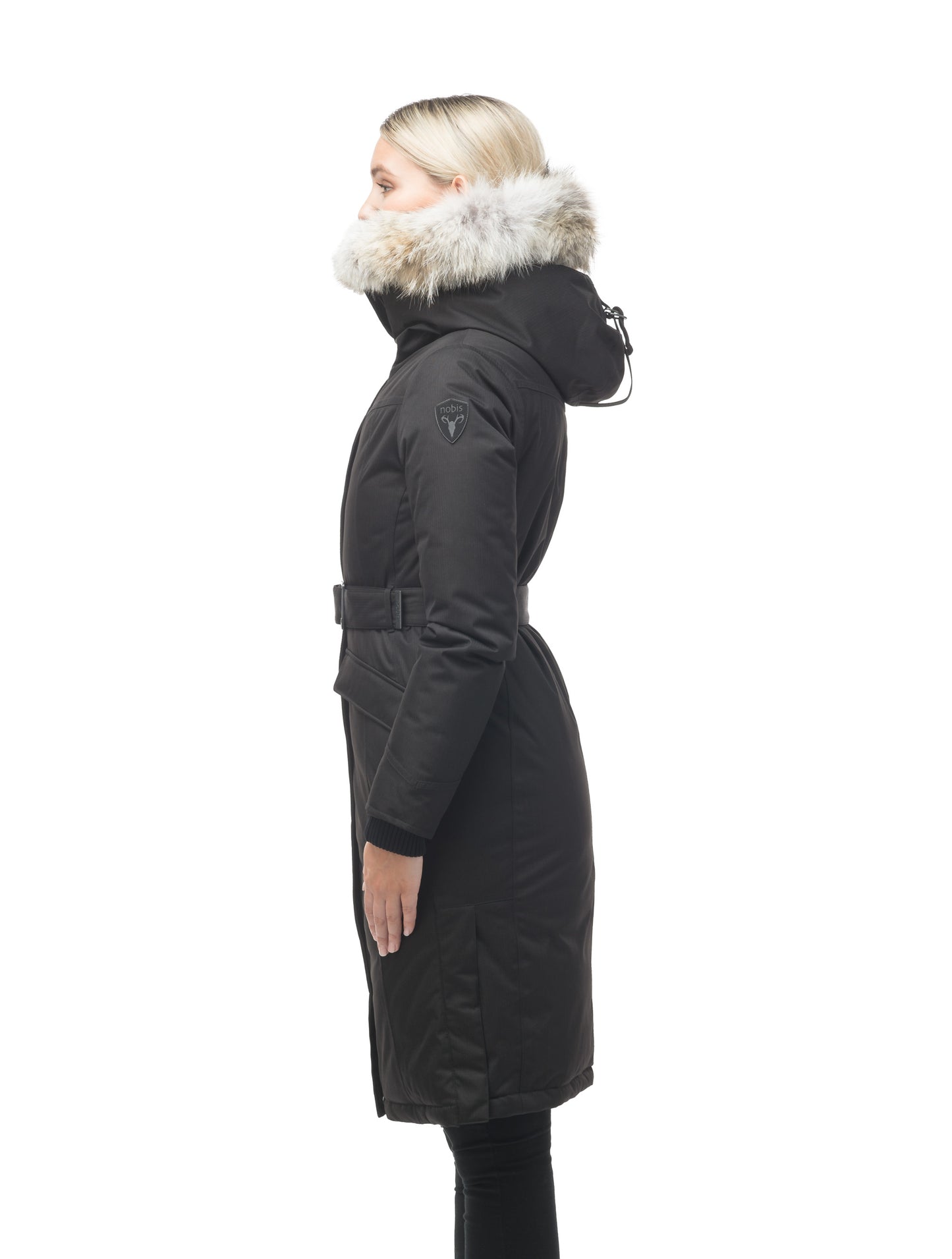 Women's maxi down filled parka with calf length hem in CH Black