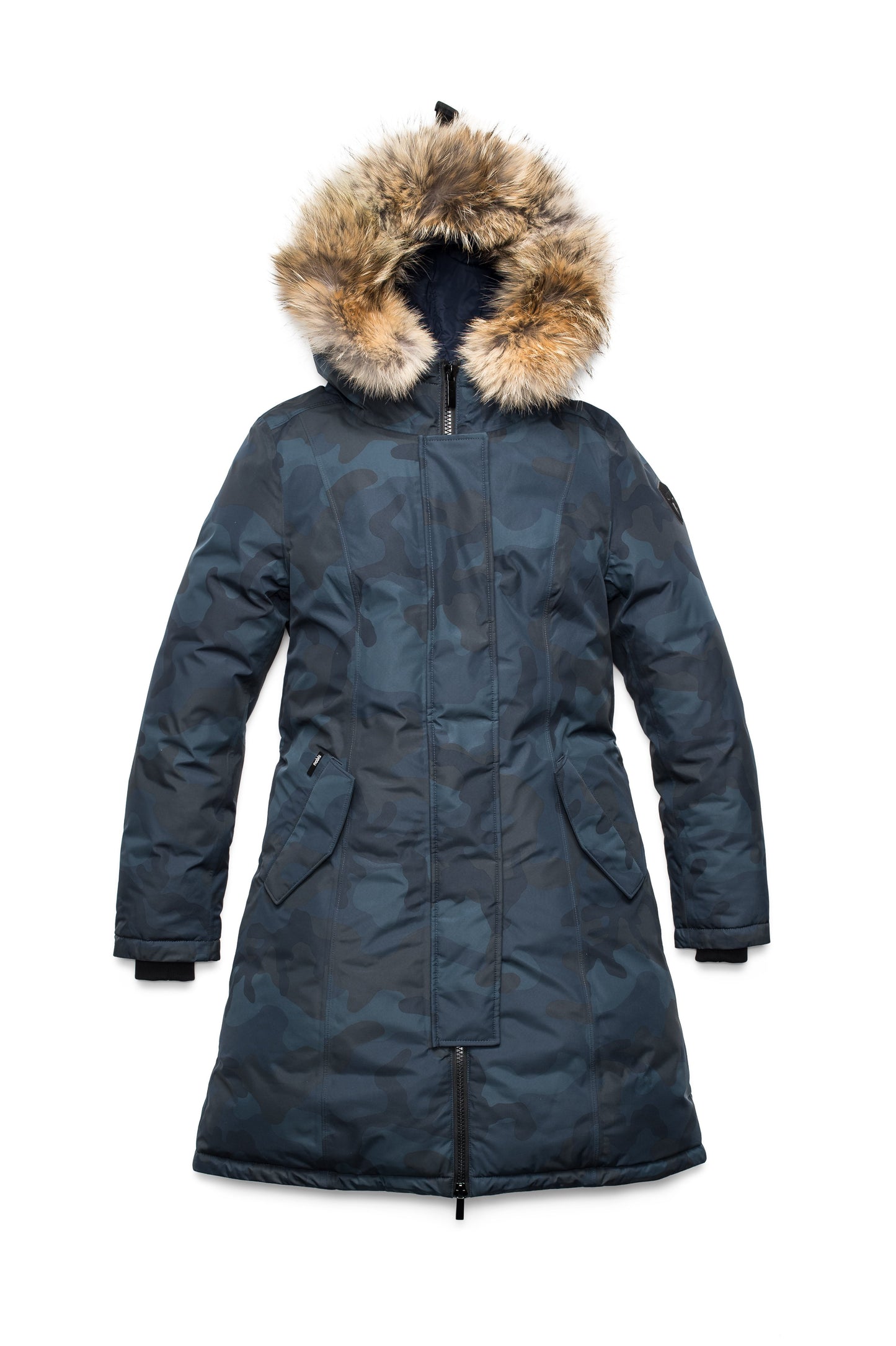 Ladies thigh length down-filled parka with non-removable hood and removable coyote fur trim in Navy Camo