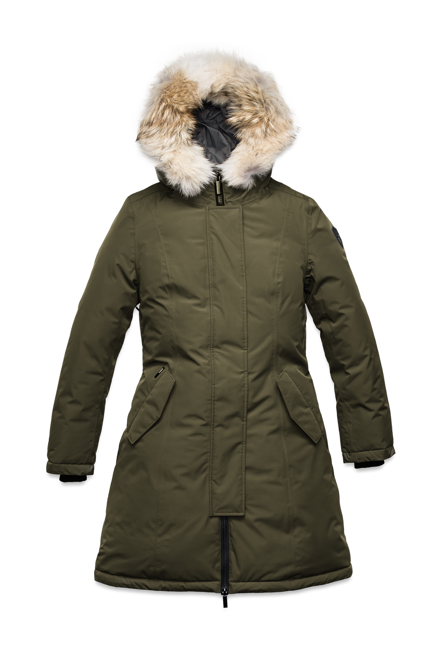 Ladies thigh length down-filled parka with non-removable hood and removable coyote fur trim in Fatigue