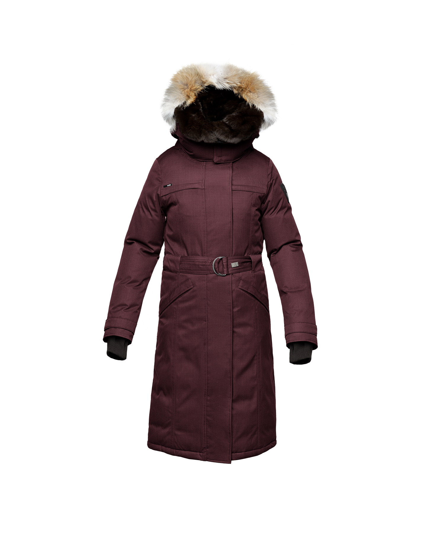 Women's knee length down filled parka with a belted waist and fully removable Coyote and Rex Rabbit fur ruffs in Merlot