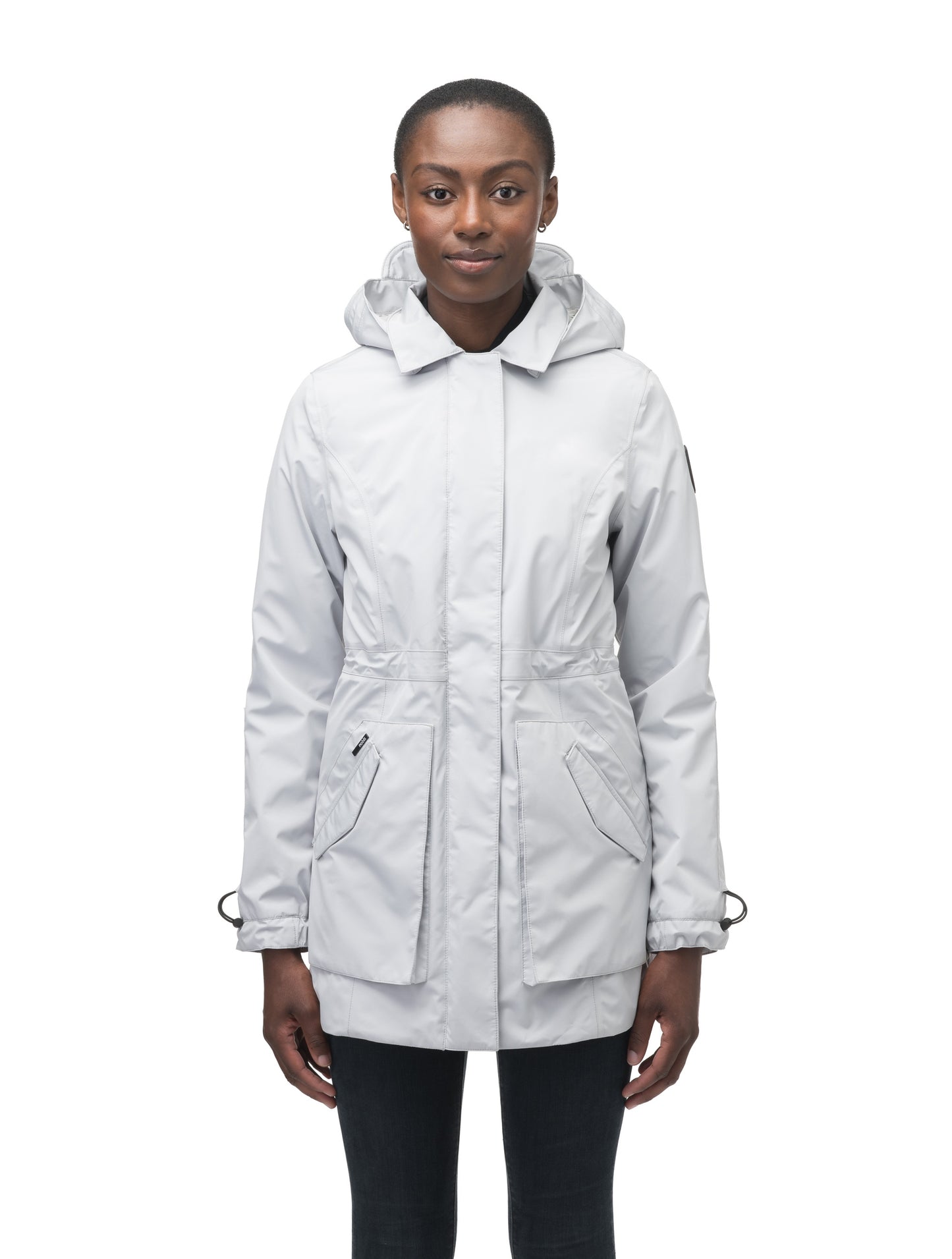 Women's thigh length raincoat with collar and non-removable hood in Light Grey