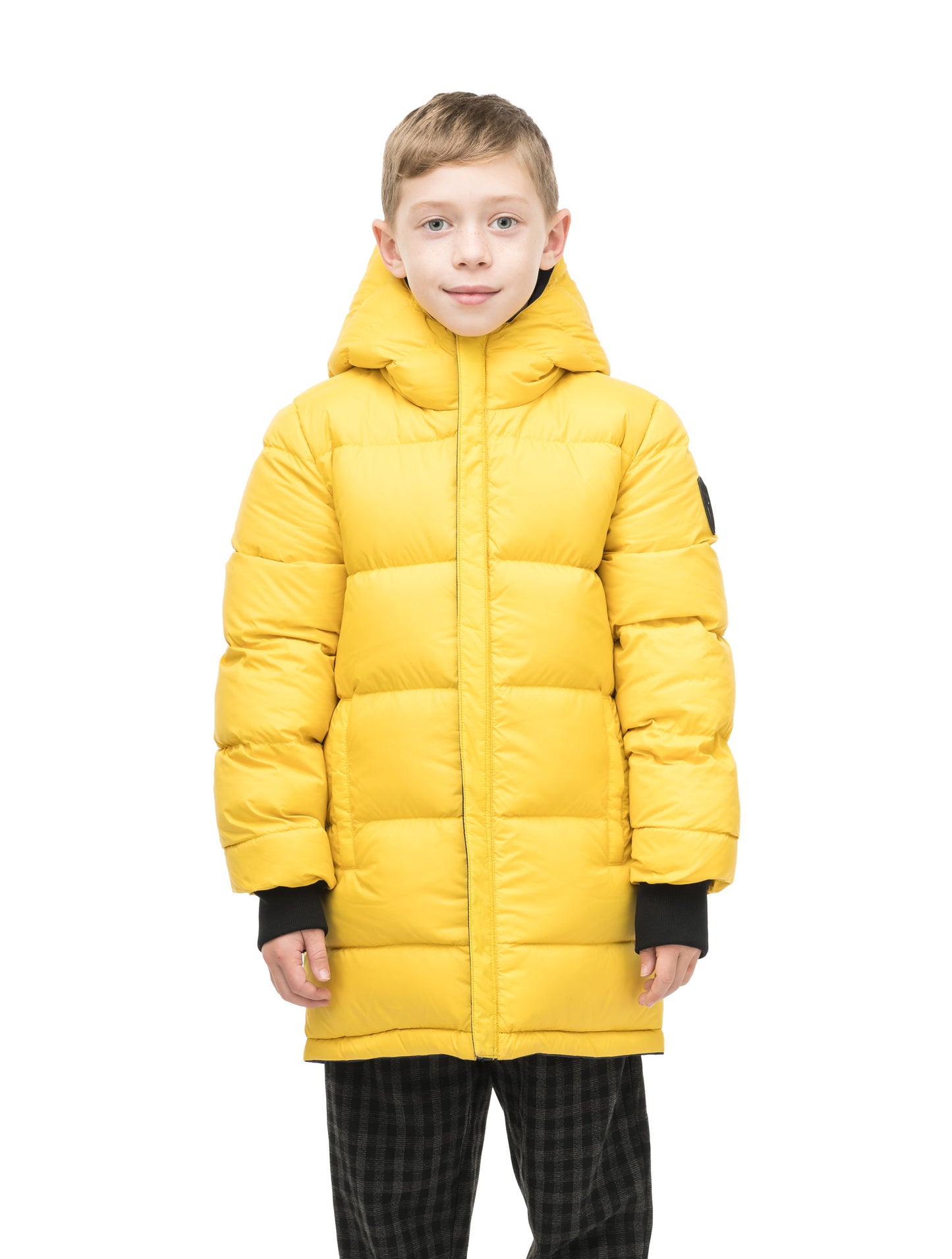 Kids' reversible knee length, down filled parka with waterproof finish in Marine/Citron