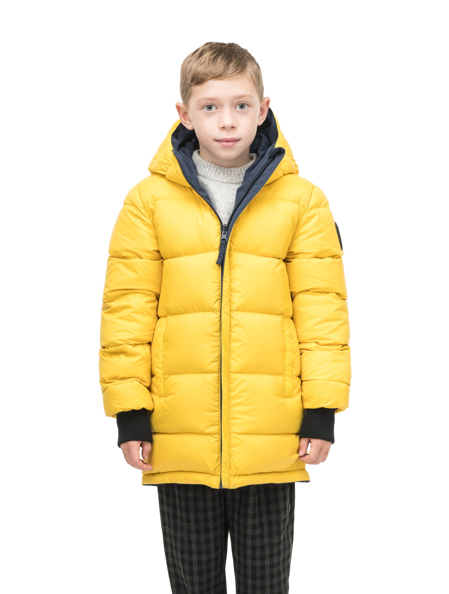 Kids' reversible knee length, down filled parka with waterproof finish in Marine/Citron