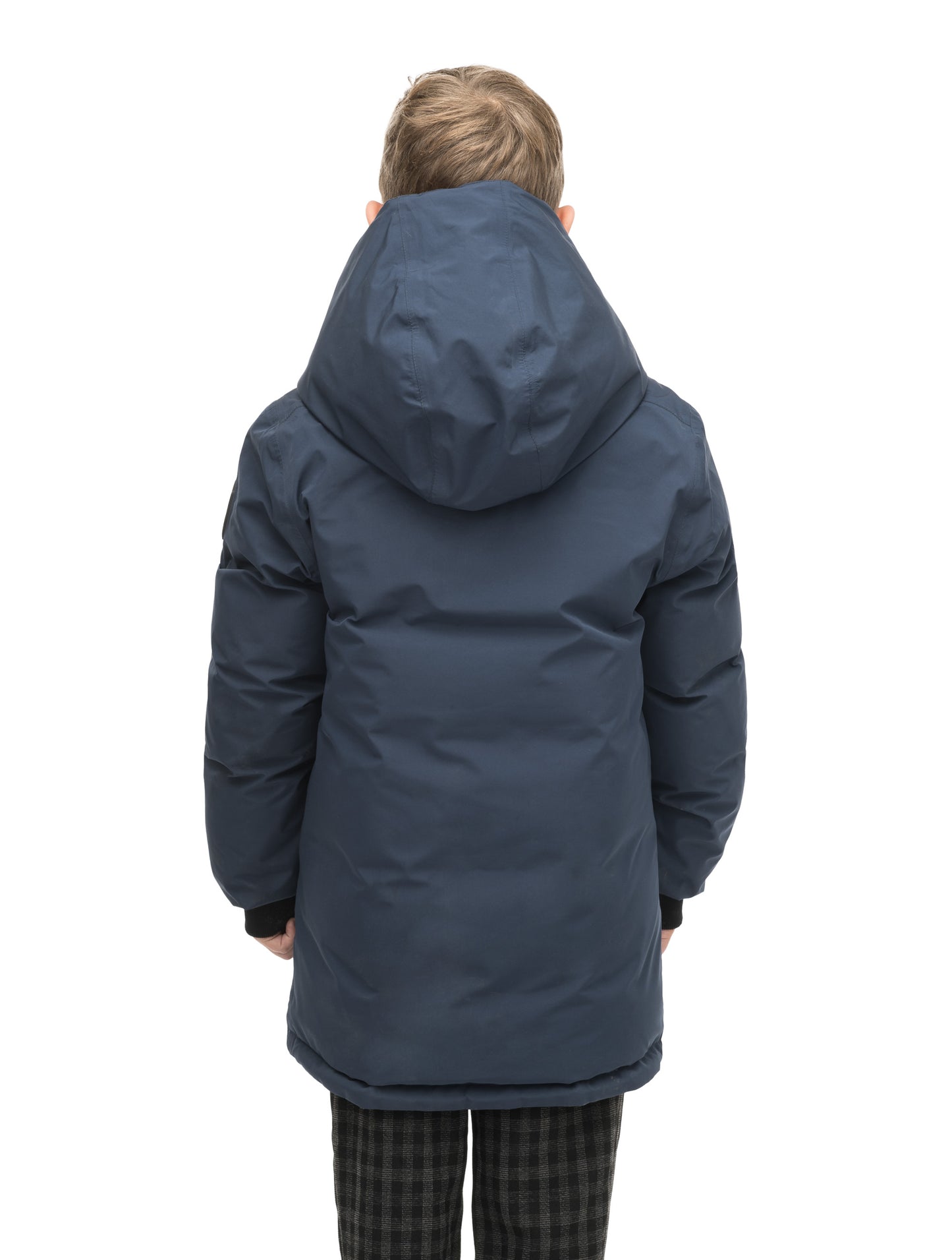 Kids' reversible knee length, down filled parka with waterproof finish in Marine/Citron