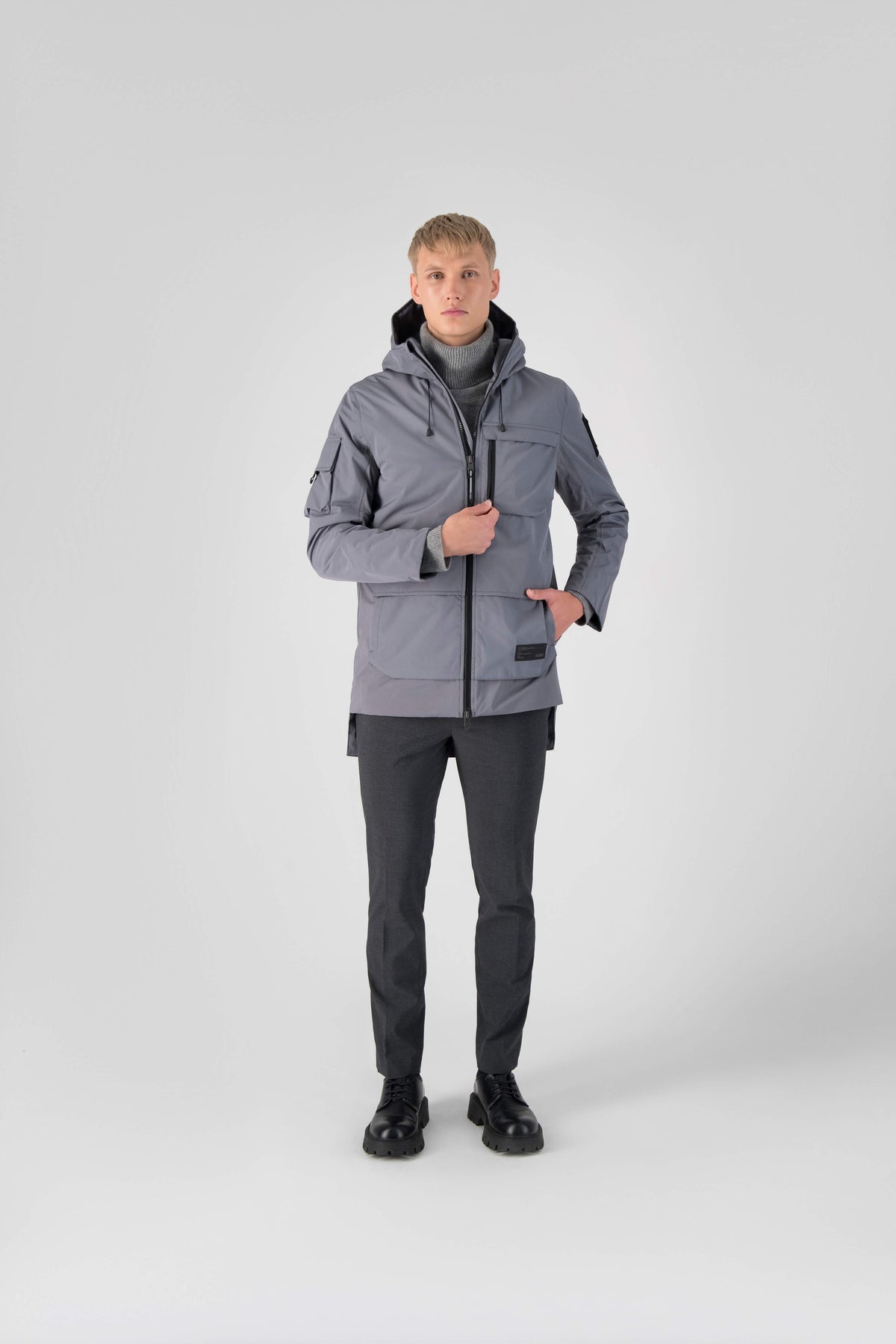 Alta Men's Performance Shell Jacket in hip length, Primaloft Gold Insulation Active+, chest and waist pockets, ventilation under arms, reflective detailing on hood and back, two-way front zipper, and non-removable hood with adjustable drawstrings, in Concrete