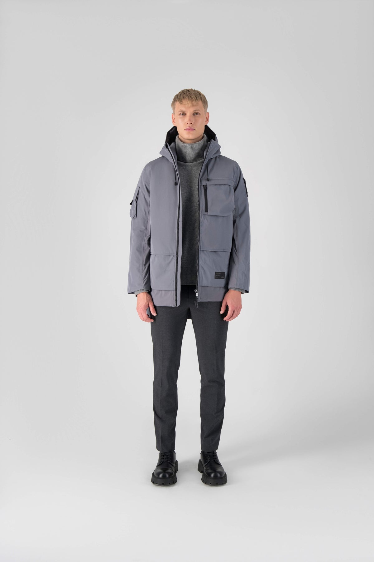 Alta Men's Performance Shell Jacket in hip length, Primaloft Gold Insulation Active+, chest and waist pockets, ventilation under arms, reflective detailing on hood and back, two-way front zipper, and non-removable hood with adjustable drawstrings, in Concrete