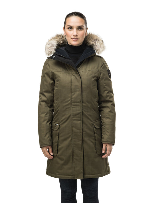 Women's knee length down filled parka with fur trim hood in Fatigue + Fatigue