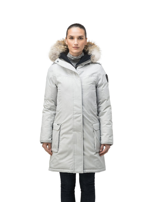 Women's knee length down filled parka with fur trim hood in CH Light Grey + CH Light Grey