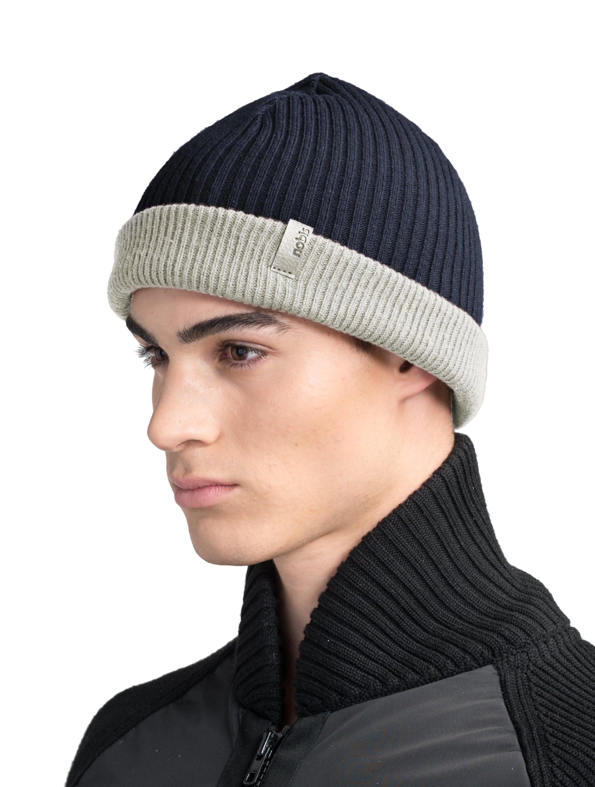 Ardn Unisex Tailored Reversible Knit Beanie in an extra fine merino wool blend, fitted rib knit, and reversible design, in Navy/Wheat