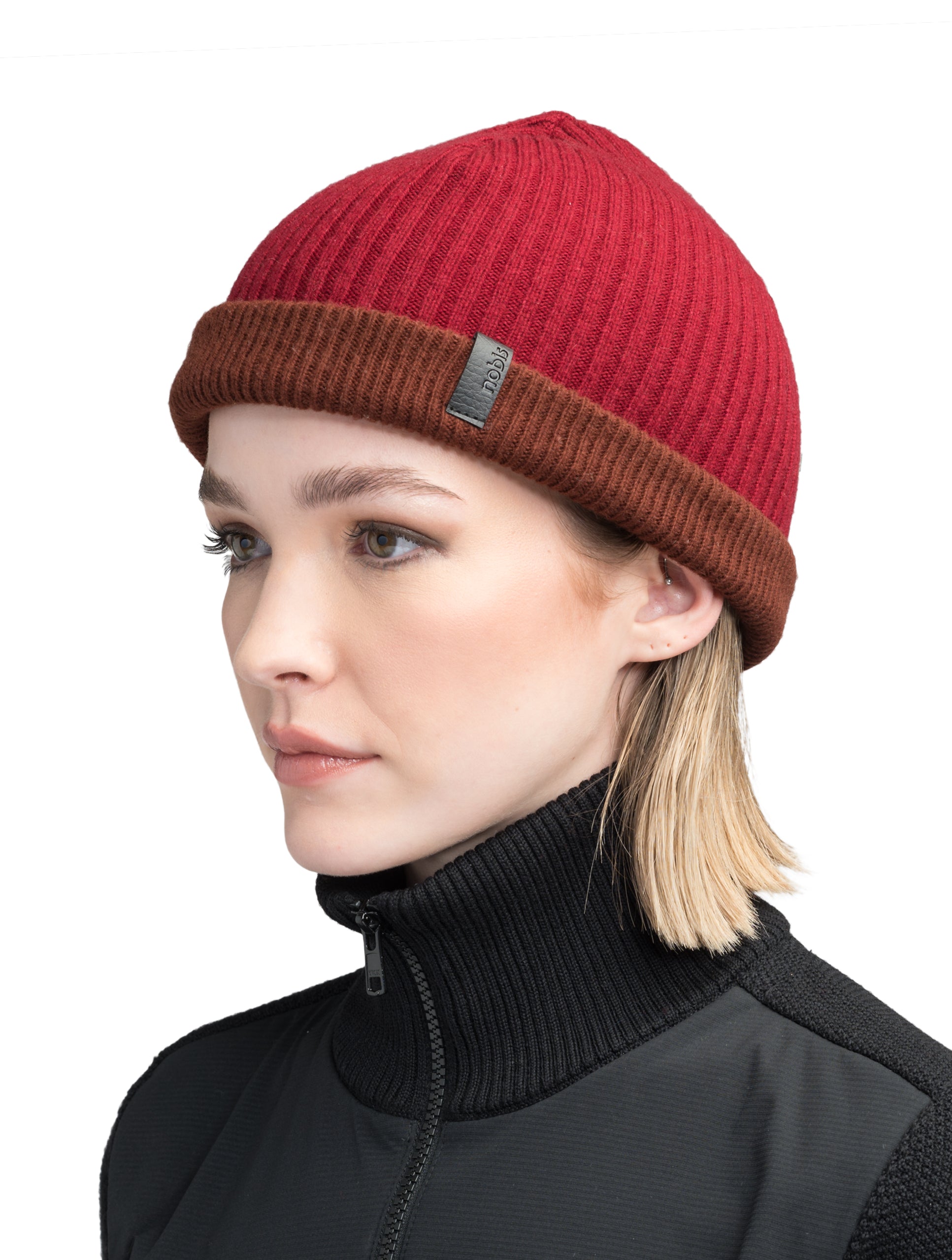 Ardn Unisex Tailored Reversible Knit Beanie in an extra fine merino wool blend, fitted rib knit, and reversible design, in Potent Purple/Rio Red