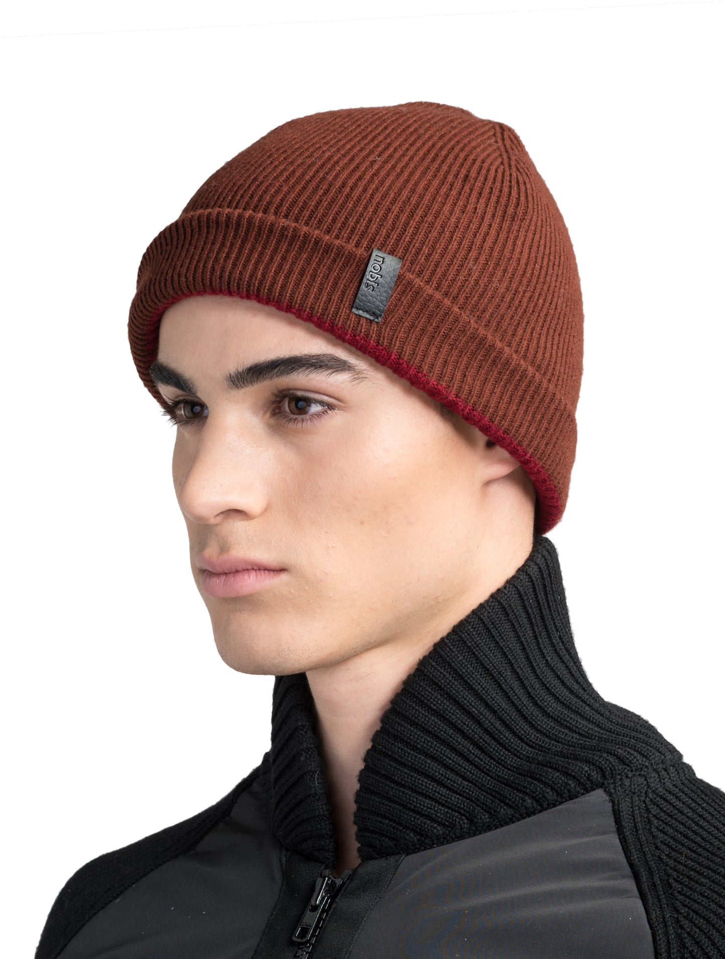 Ardn Unisex Tailored Reversible Knit Beanie in an extra fine merino wool blend, fitted rib knit, and reversible design, in Potent Purple/Rio Red
