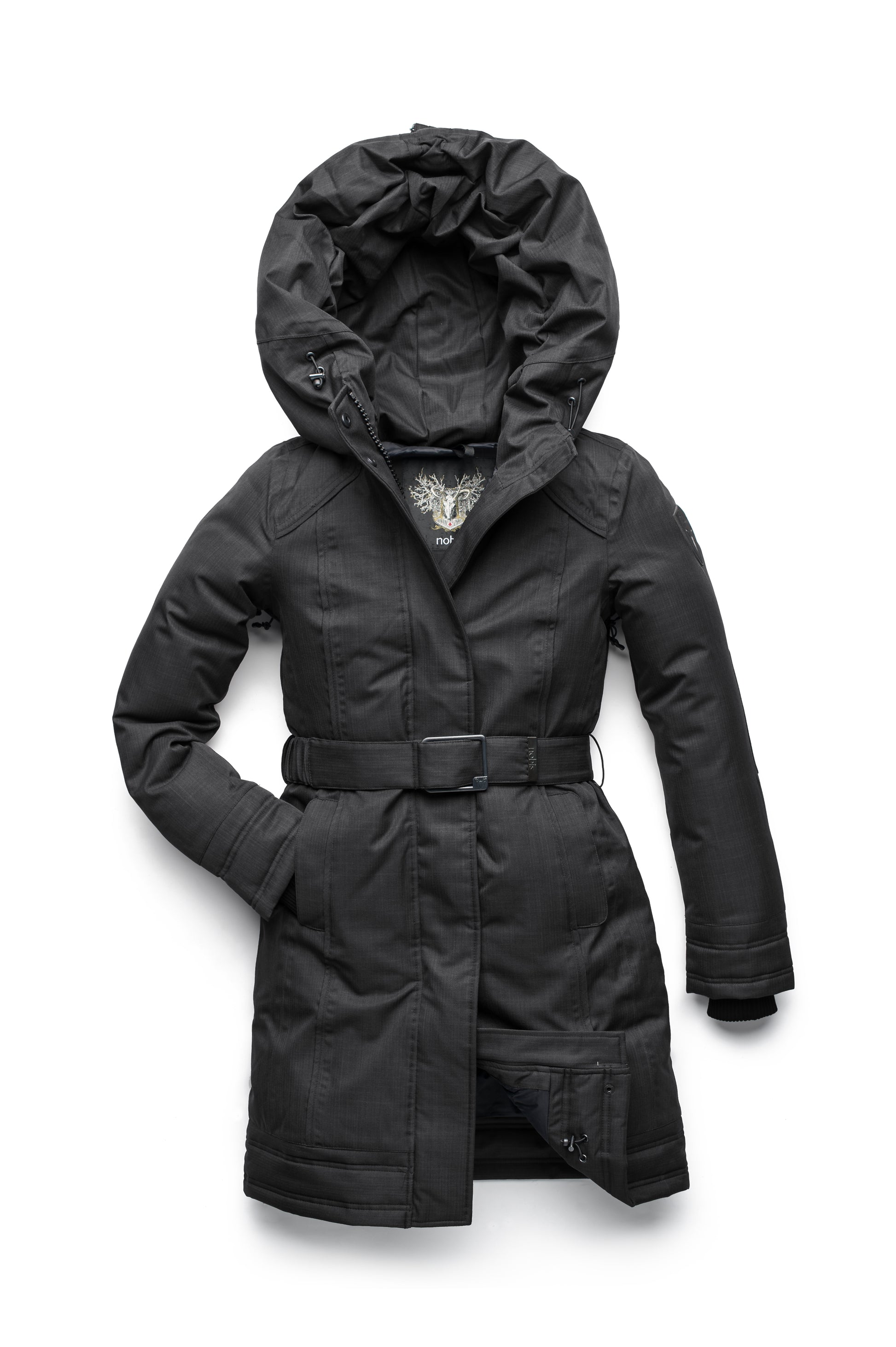 Women's Thigh length own parka with a furless oversized hood in CH Black