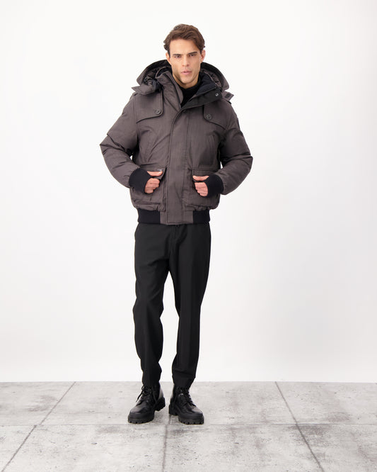 Men's down filled bomber that sits just above the hips with a completely removable hood that's windproof, waterproof, and breathable in CH Steel Grey