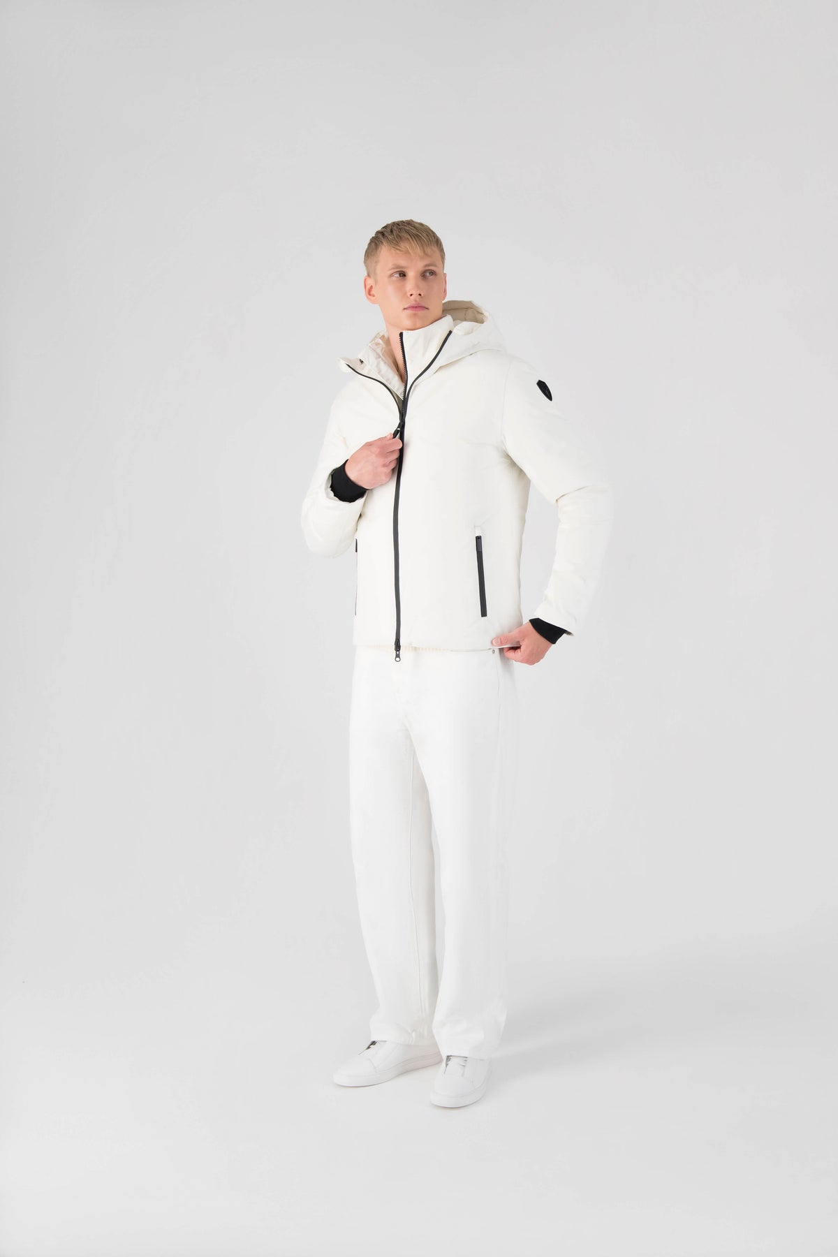 Chris Men's Mid Weight Reversible Puffer Jacket in hip length, Canadian duck down insulation, non-removable adjustable hood, ribbed cuffs, and quilted body on reversible side, in Chalk