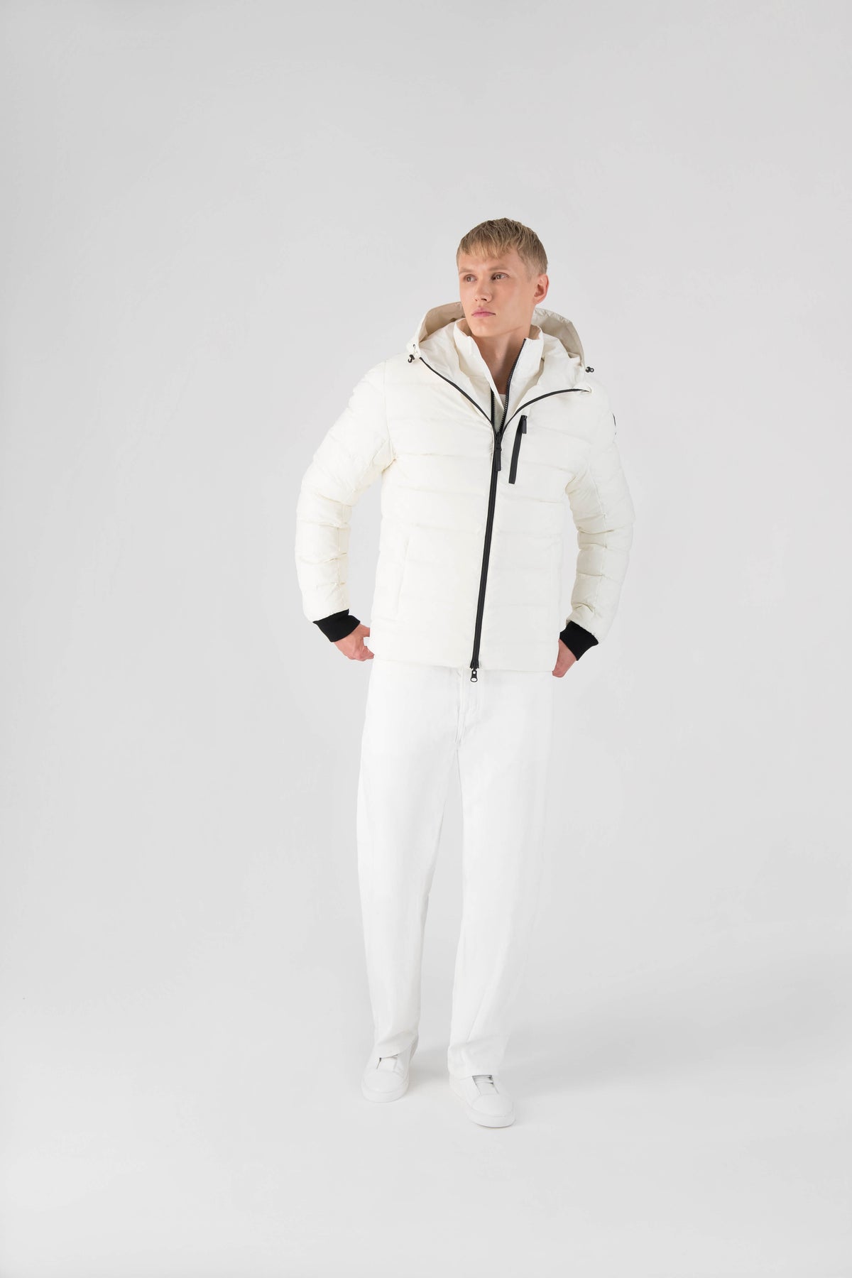Chris Men's Mid Weight Reversible Puffer Jacket in hip length, Canadian duck down insulation, non-removable adjustable hood, ribbed cuffs, and quilted body on reversible side, in Chalk