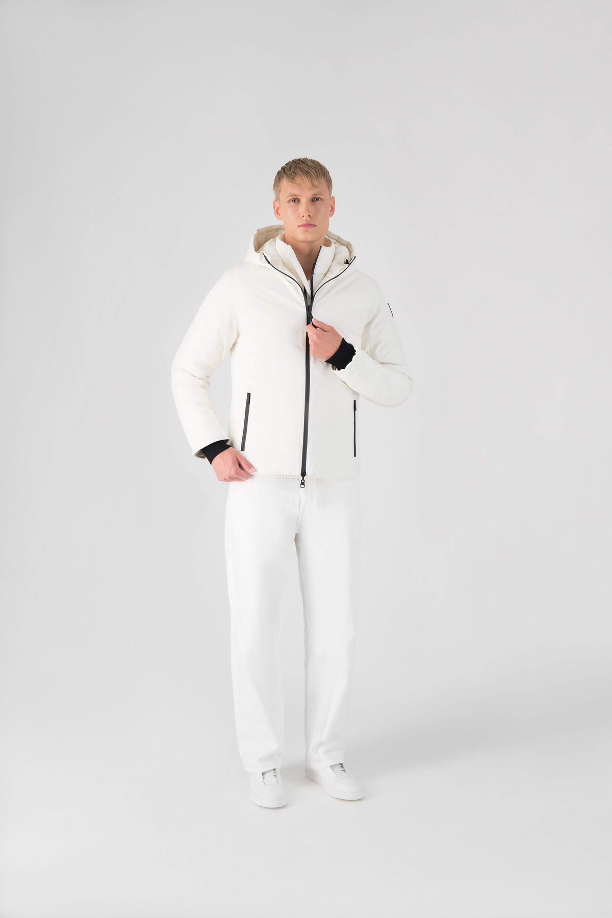 Chris Men's Mid Weight Reversible Puffer Jacket in hip length, Canadian duck down insulation, non-removable adjustable hood, ribbed cuffs, and quilted body on reversible side, in Chalk