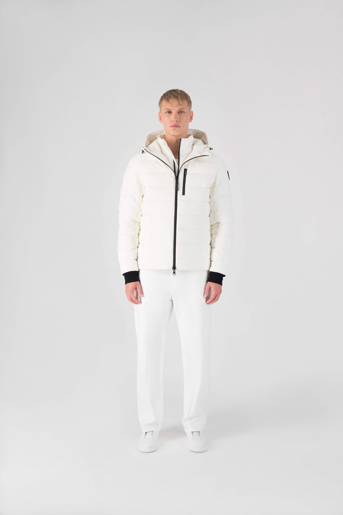 Chris Men's Mid Weight Reversible Puffer Jacket in hip length, Canadian duck down insulation, non-removable adjustable hood, ribbed cuffs, and quilted body on reversible side, in Chalk