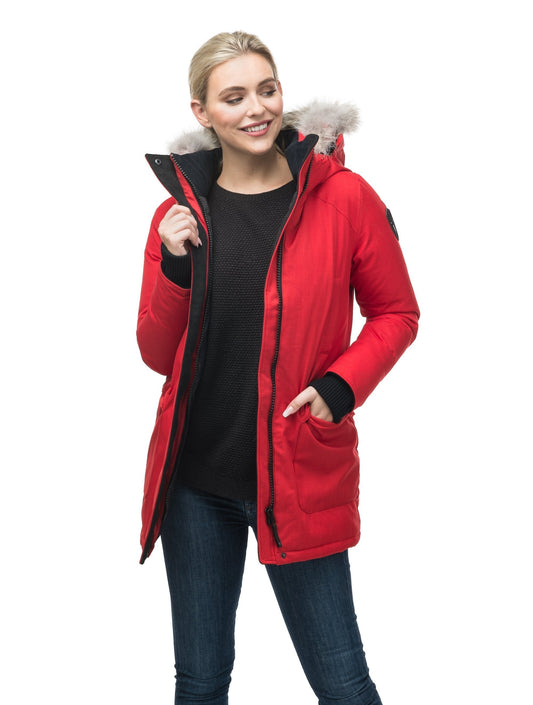 Women's down filled parka that sits just below the hip with a clean look and two hip patch pockets in CH Red + CH Red