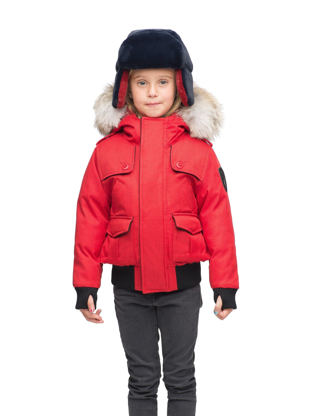 Kid's waist length down bomber jacket with fur trim hood in Red